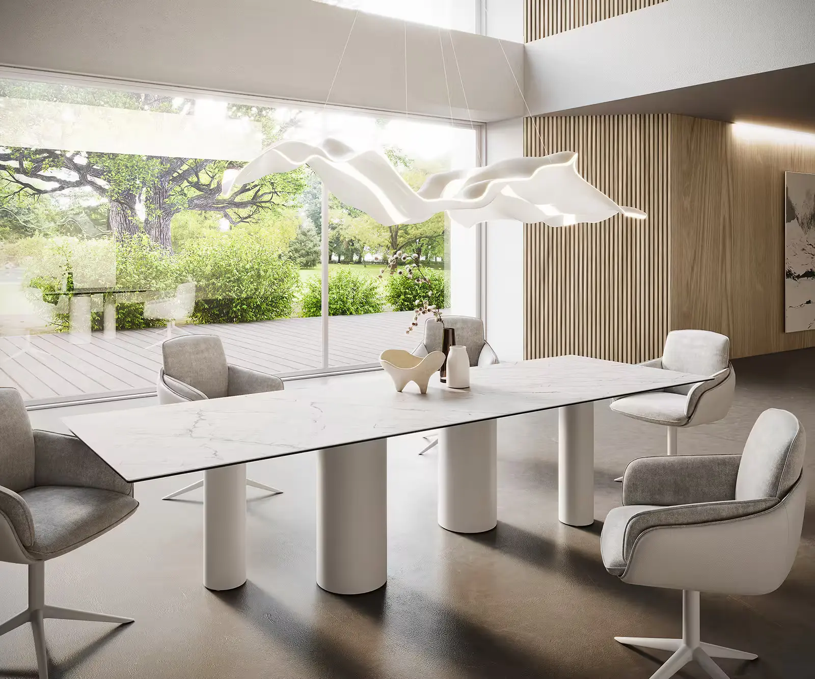 DELIFE Jídelní stůl Edge 300x100 keramika Laminam®Statuarietto bílá pilíř kov bílý