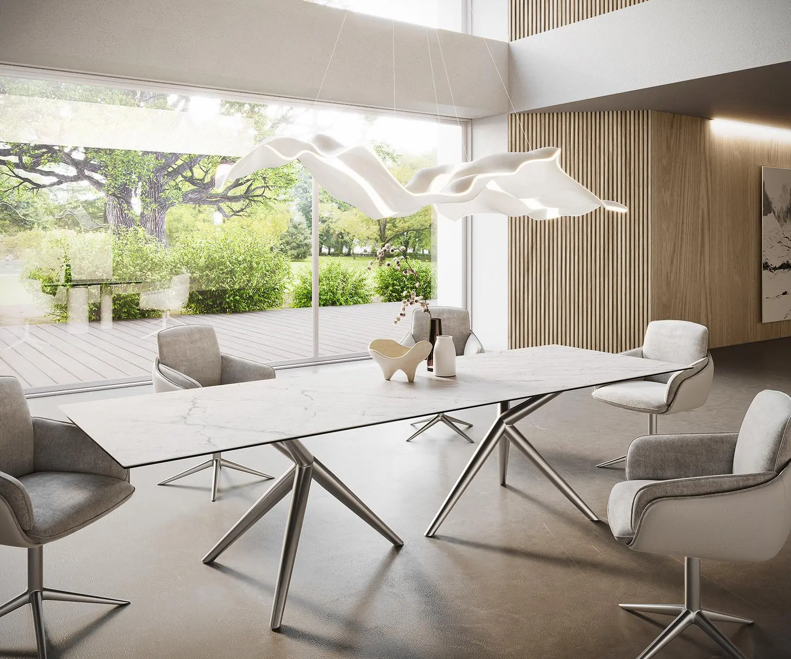 DELIFE Jídelní stůl Edge 300x100 keramika Laminam®Statuarietto bílá Estelar kulatý nerezová ocel