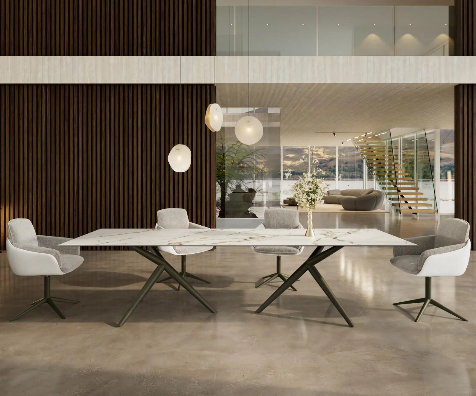 DELIFE Jídelní stůl Edge 300x100 keramika Calacatta Luxe bílá-zlatá-šedá Estelar kulatý kov efektový povrch titanová