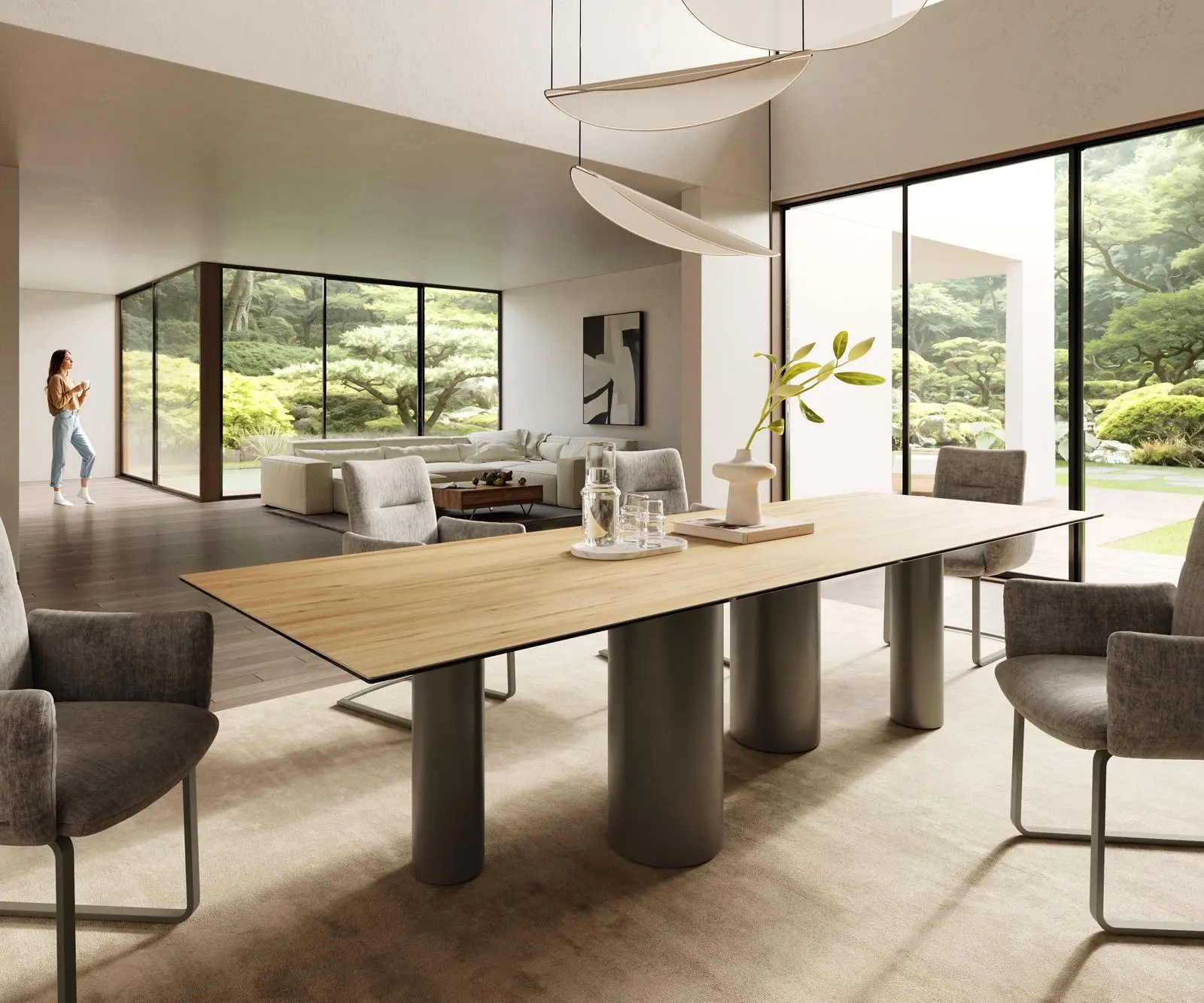 DELIFE Jídelní stůl Edge 300x100 keramika Laminam® Sabbia dubová podnož kov titanový efekt