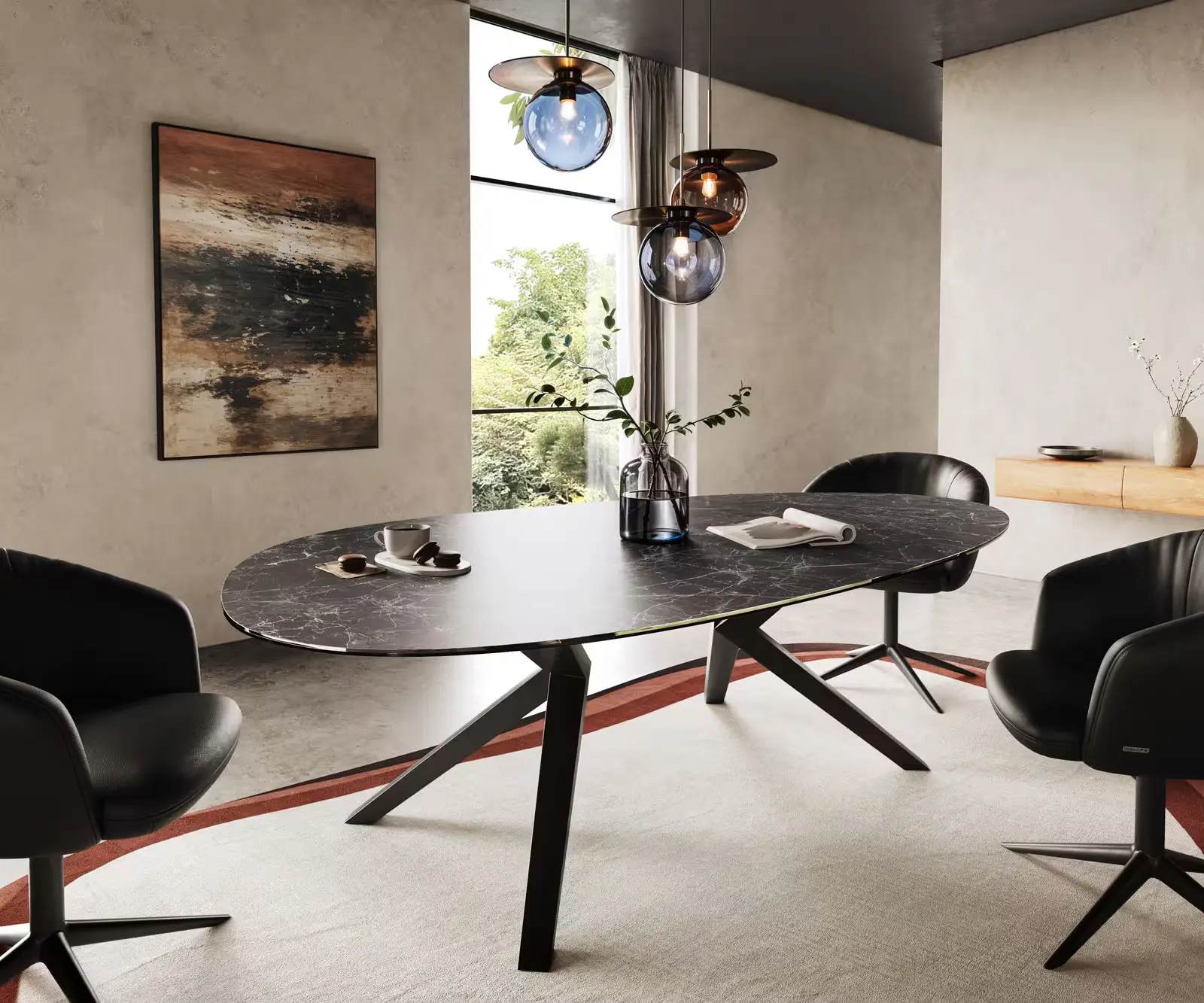 DELIFE Jídelní stůl Edge oválný 220x120 keramika Laminam® Nero Greco antracit Zenthara hranatý kov černá