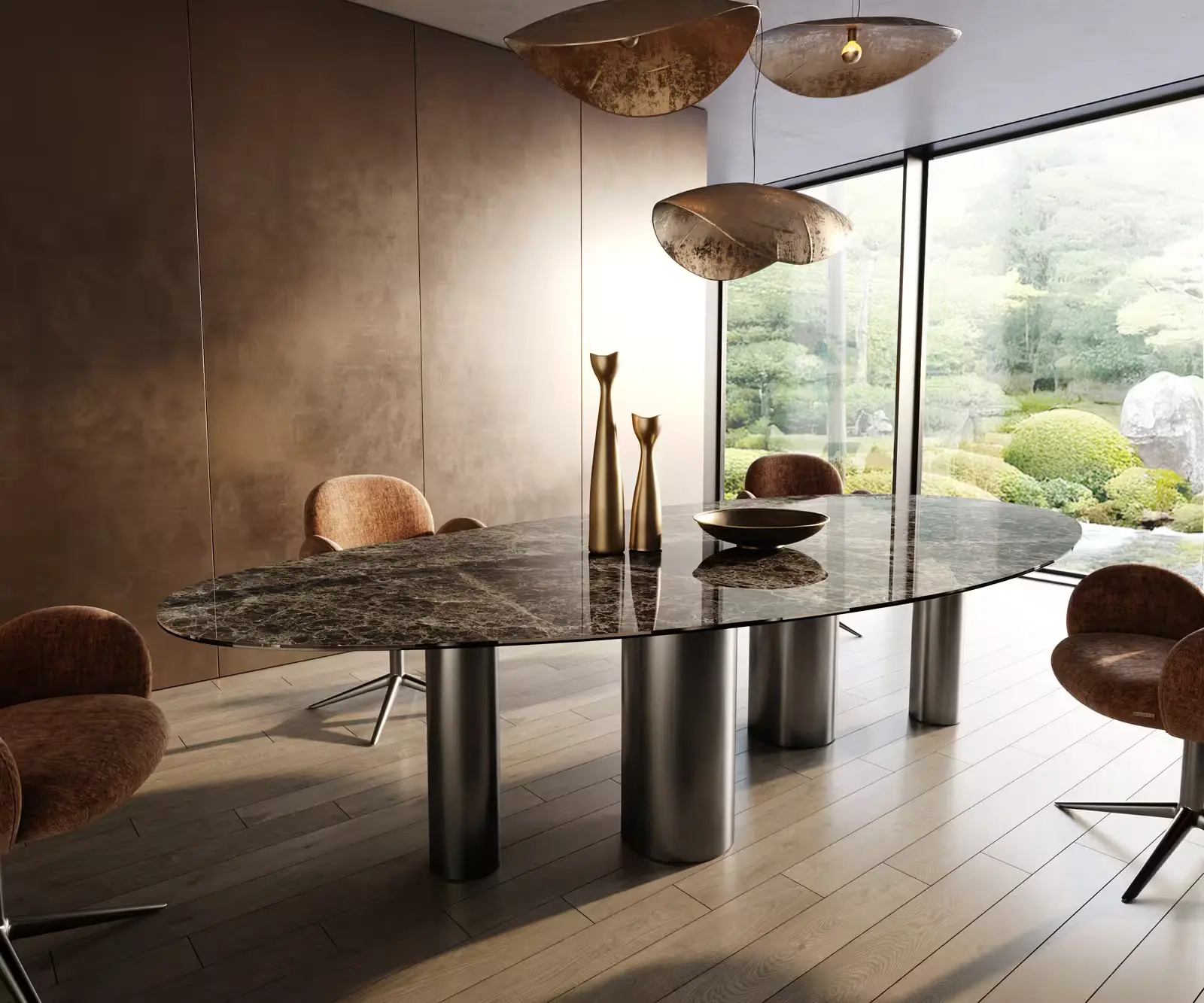 DELIFE Jídelní stůl Edge oválný 315x150 keramika Laminam®Emperador Extra Lucidato tmavě hnědá pilíř nerezová ocel grafit