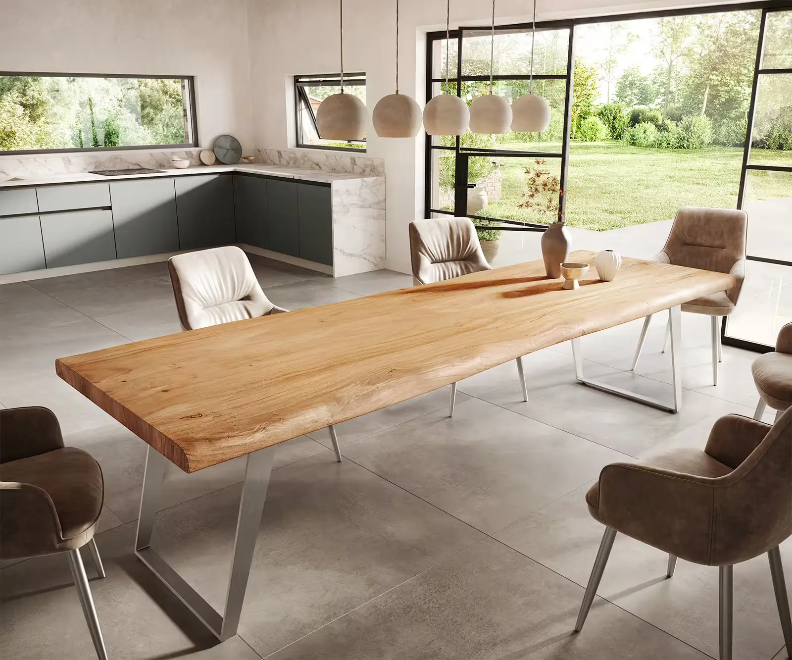 DELIFE Jídelní stůl Edge 300x100 cm XL akácie přírodní nerezová ocel stříbrná šikmý Live-Edge