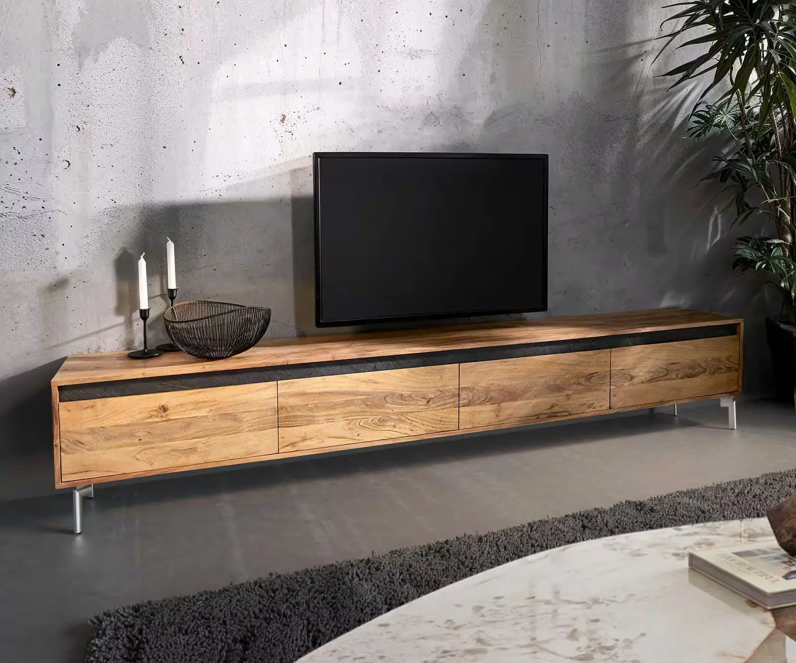 DELIFE TV stolek Stonegrace 240 cm akácie přírodní 4 dvířka noha oválná nerezová ocel