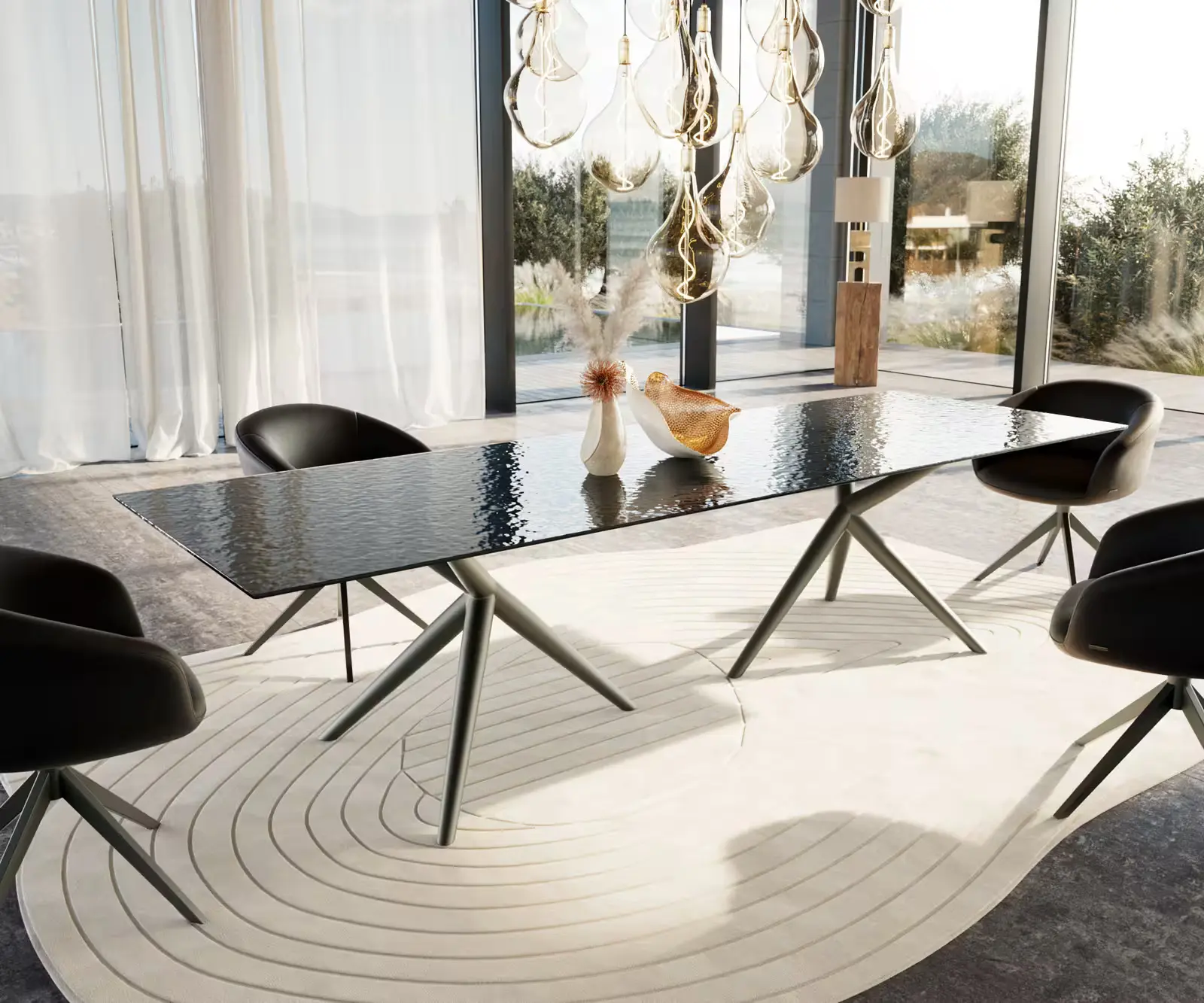 DELIFE Jídelní stůl Edge 300x100 sklo s reliéfem kouřově černé 3D design Estelar kulatý kov titanový efektový povrch