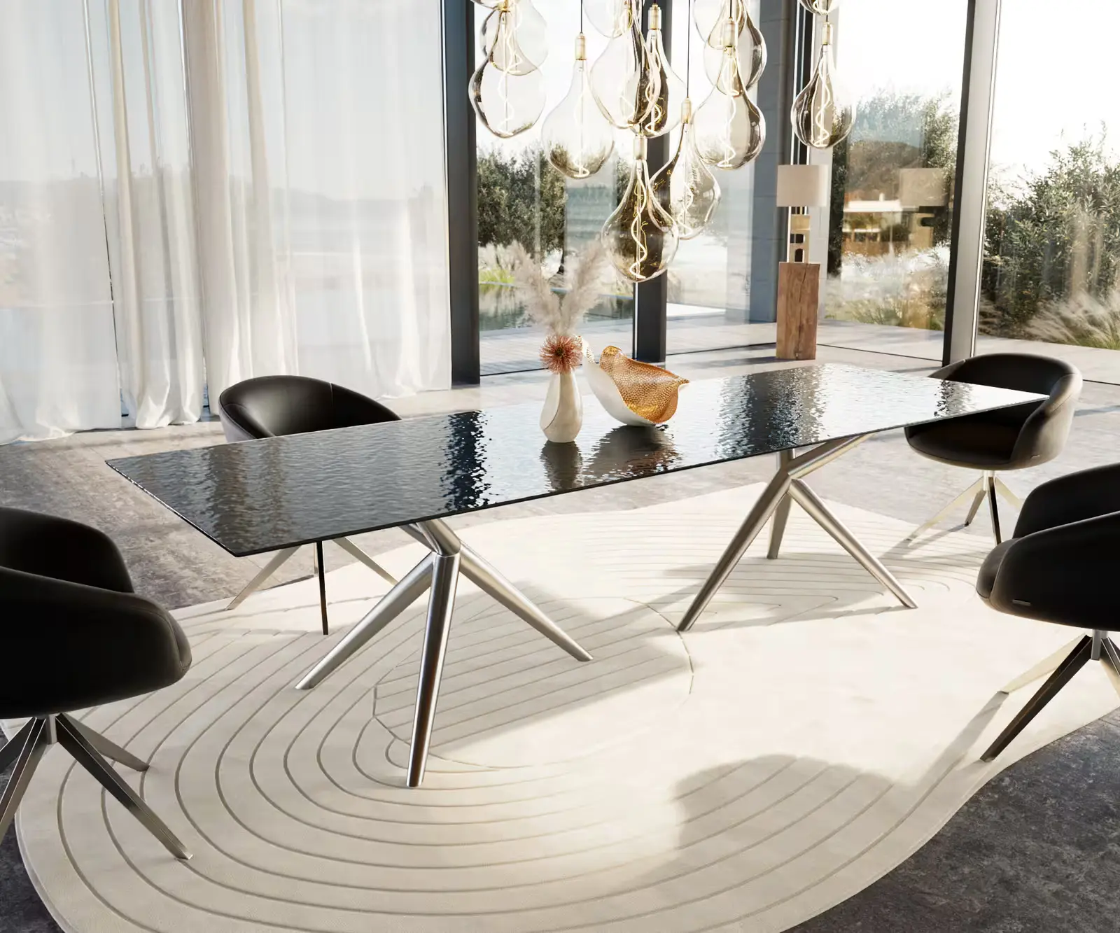 DELIFE Jídelní stůl Edge 300x100 sklo s reliéfem kouřově černé 3D design Estelar kulatý nerezová ocel