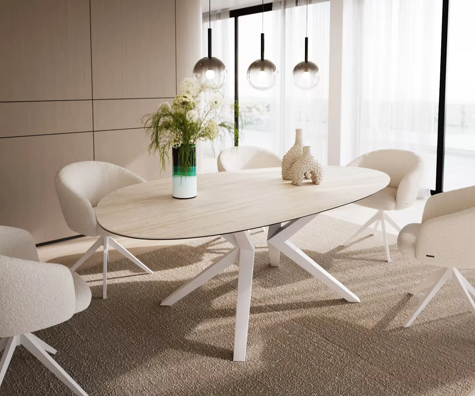 DELIFE Jídelní stůl Edge oválný 220x120 keramika Laminam®Travertino Bianco krémově bílý Zenthara hranatý kov bílý