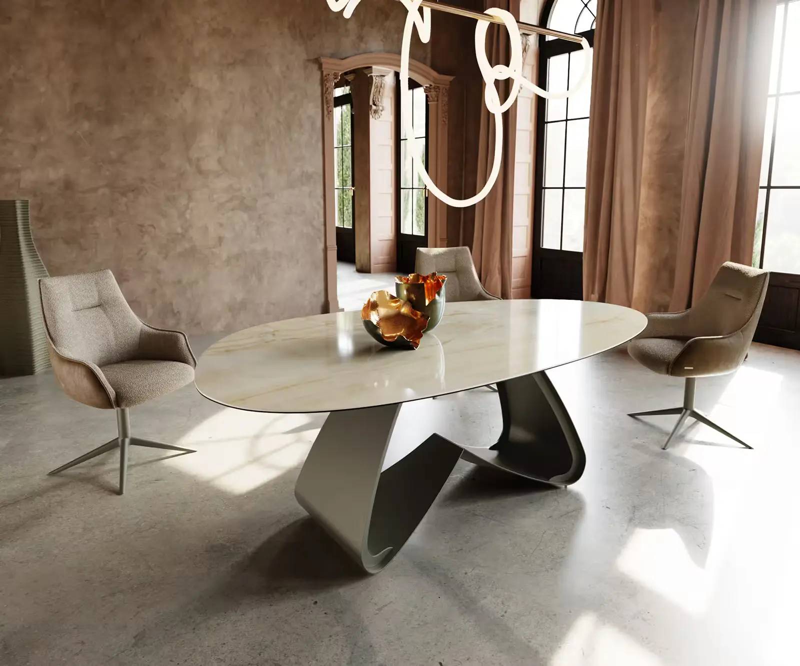 DELIFE Jídelní stůl Edge oválný 220x120 keramika Iris FMG Onice Oro W-podnož kov efektová úprava titanová