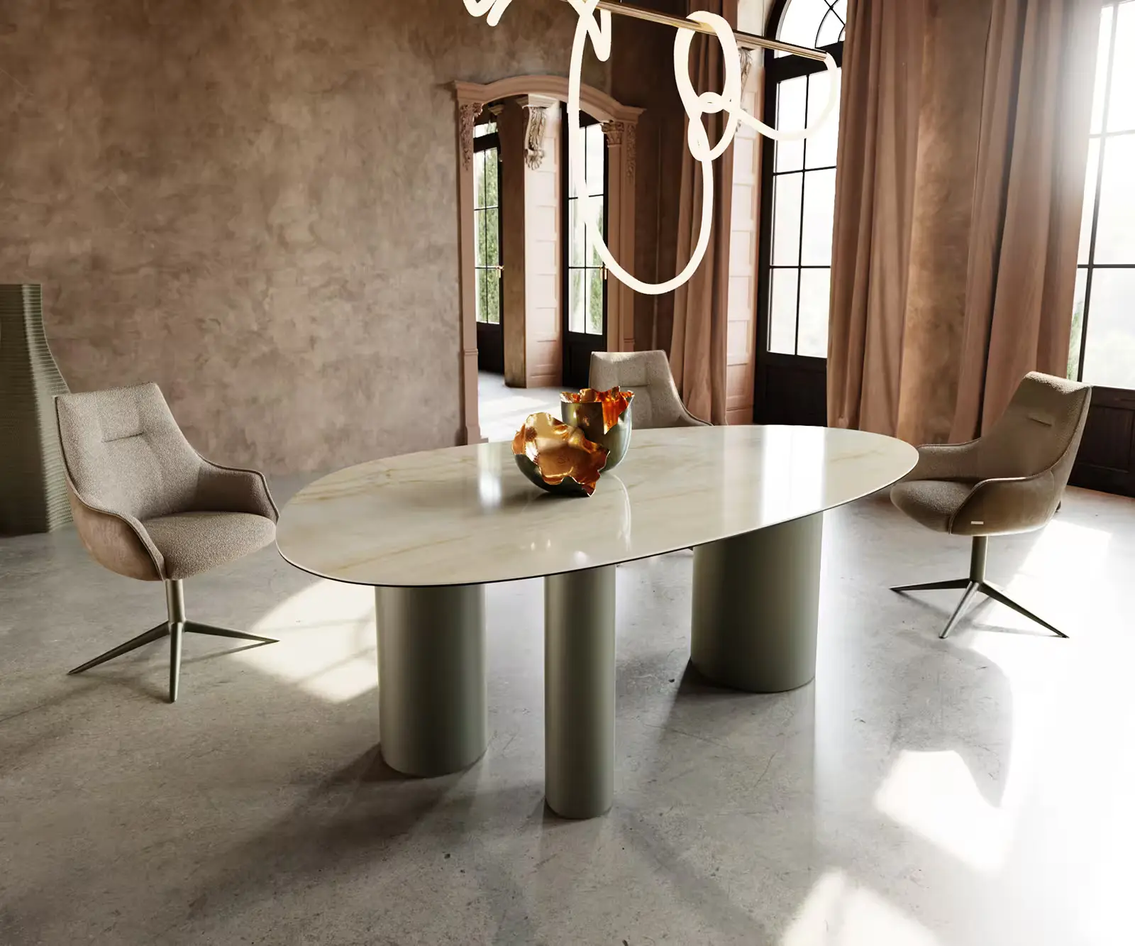DELIFE Jídelní stůl Edge oválný 220x120 keramika Iris FMG Onice Oro Troa kov efektová úprava titan