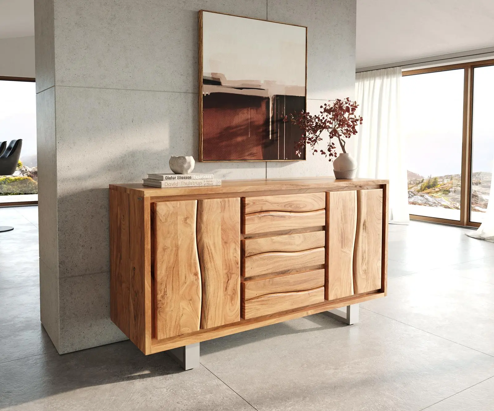 DELIFE Komoda Live-Edge 147 cm akácie přírodní 3 zásuvky 2 dvířka
