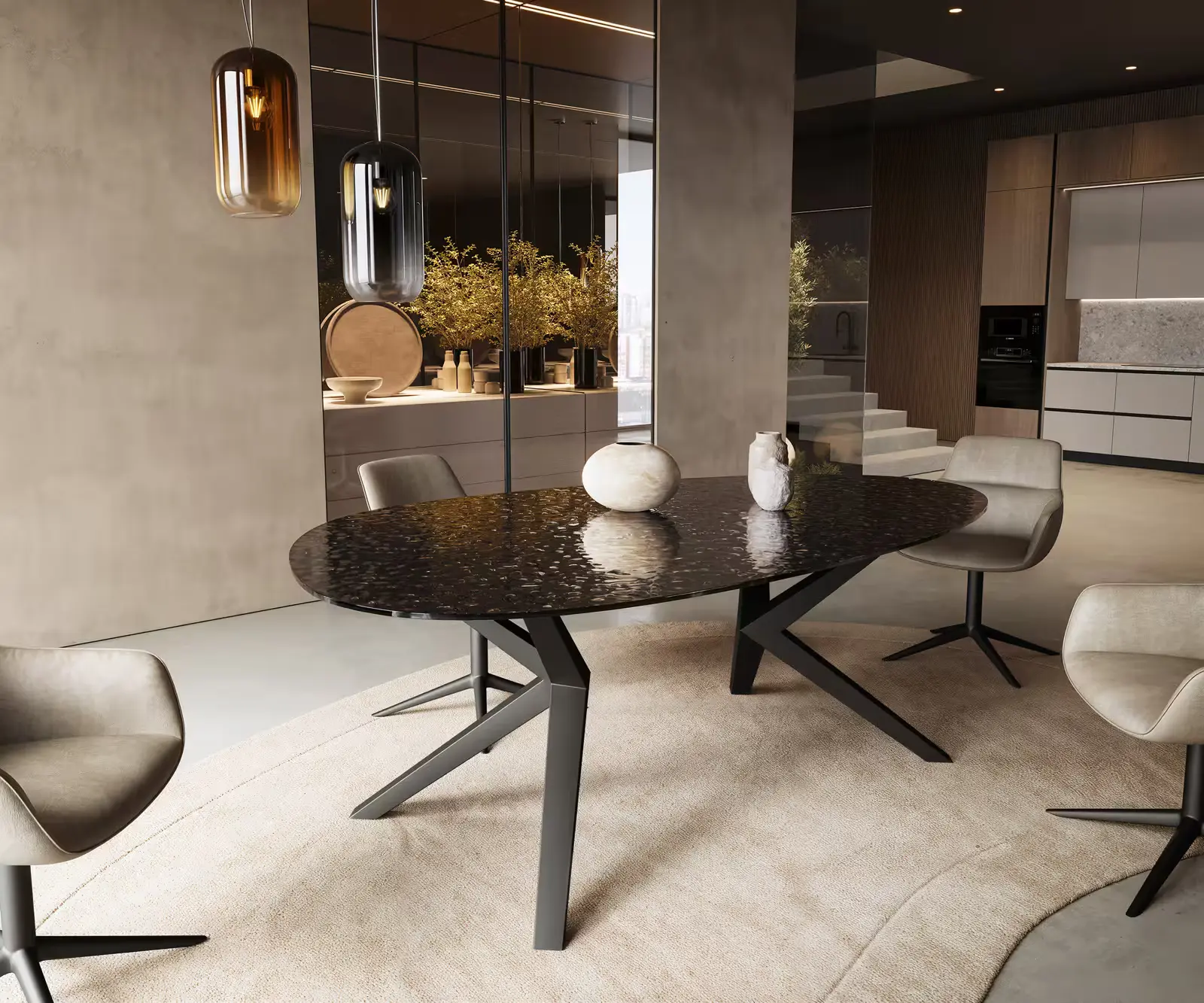 DELIFE Jídelní stůl Edge oválný 220x120 reliéfní sklo kouřově černá 3D design Zenthara hranatý kov černá