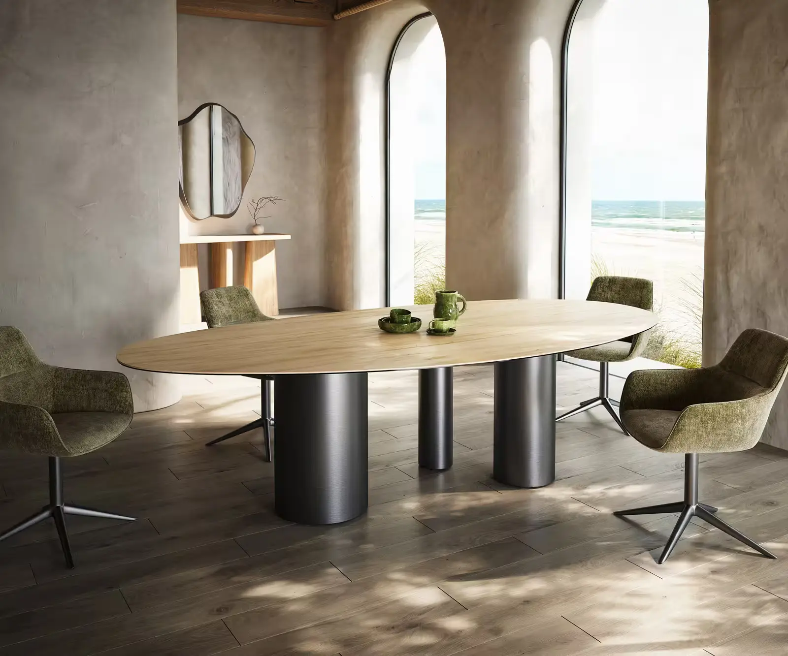 DELIFE Jídelní stůl Edge oválný 280x130 keramika Laminam® Sabbia dubová Troa nerezová ocel grafitová