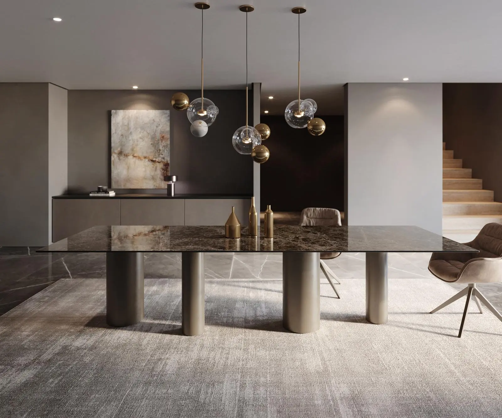 DELIFE Jídelní stůl Edge 300x100 keramika Laminam® Emperador Extra Lucidato tmavě hnědá pilíř kov efekt titan