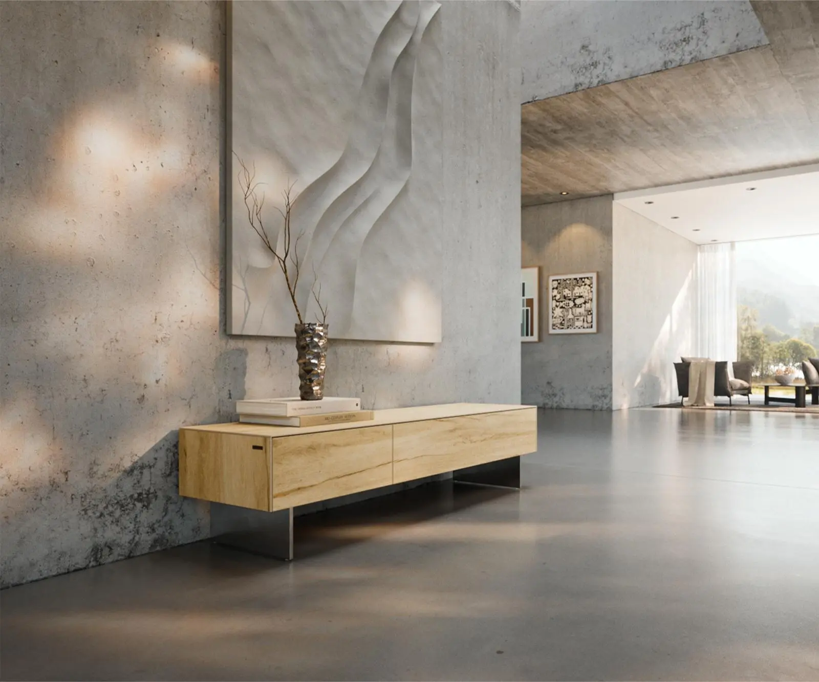 DELIFE TV stolek Cuor 150 cm keramika Laminam® Sabbia dubová 1 výklopná dvířka 1 zásuvka podnož závěsná nerezová ocel