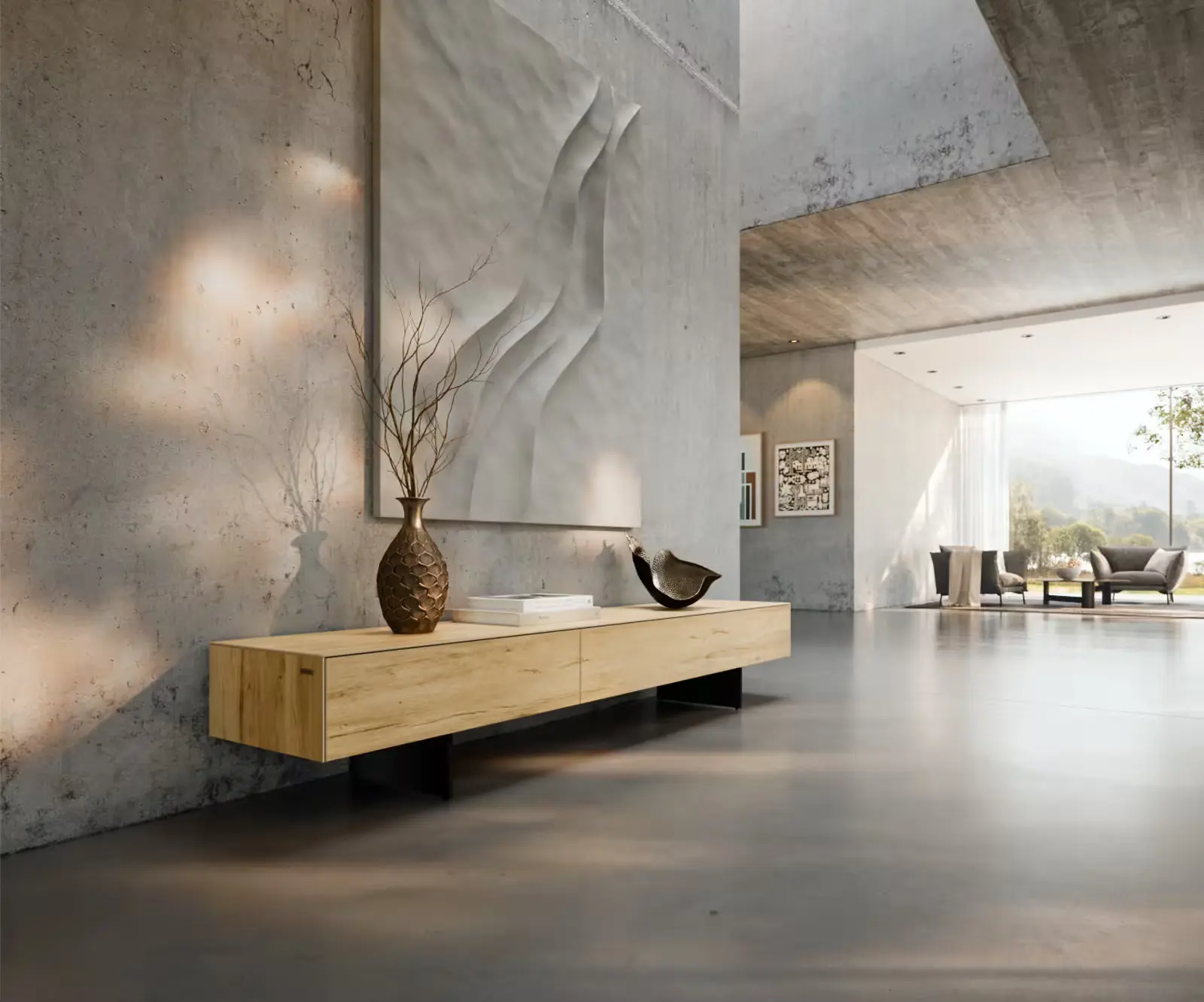 DELIFE TV stolek Cuor 200 cm keramika Laminam® Sabbia dubová 1 výklopná dvířka 1 zásuvka podnož závěsná kov černá