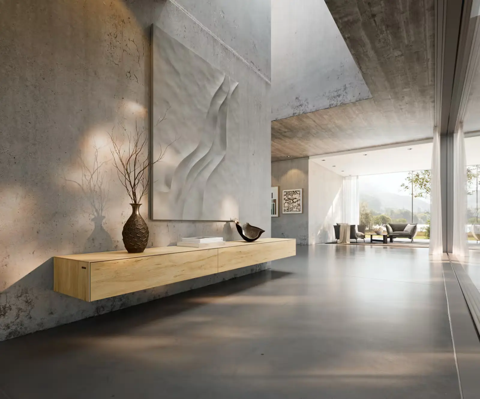 DELIFE TV stolek Cuor 250 cm keramika Laminam® Sabbia dubová 1 výklopná dvířka 1 zásuvka závěsný