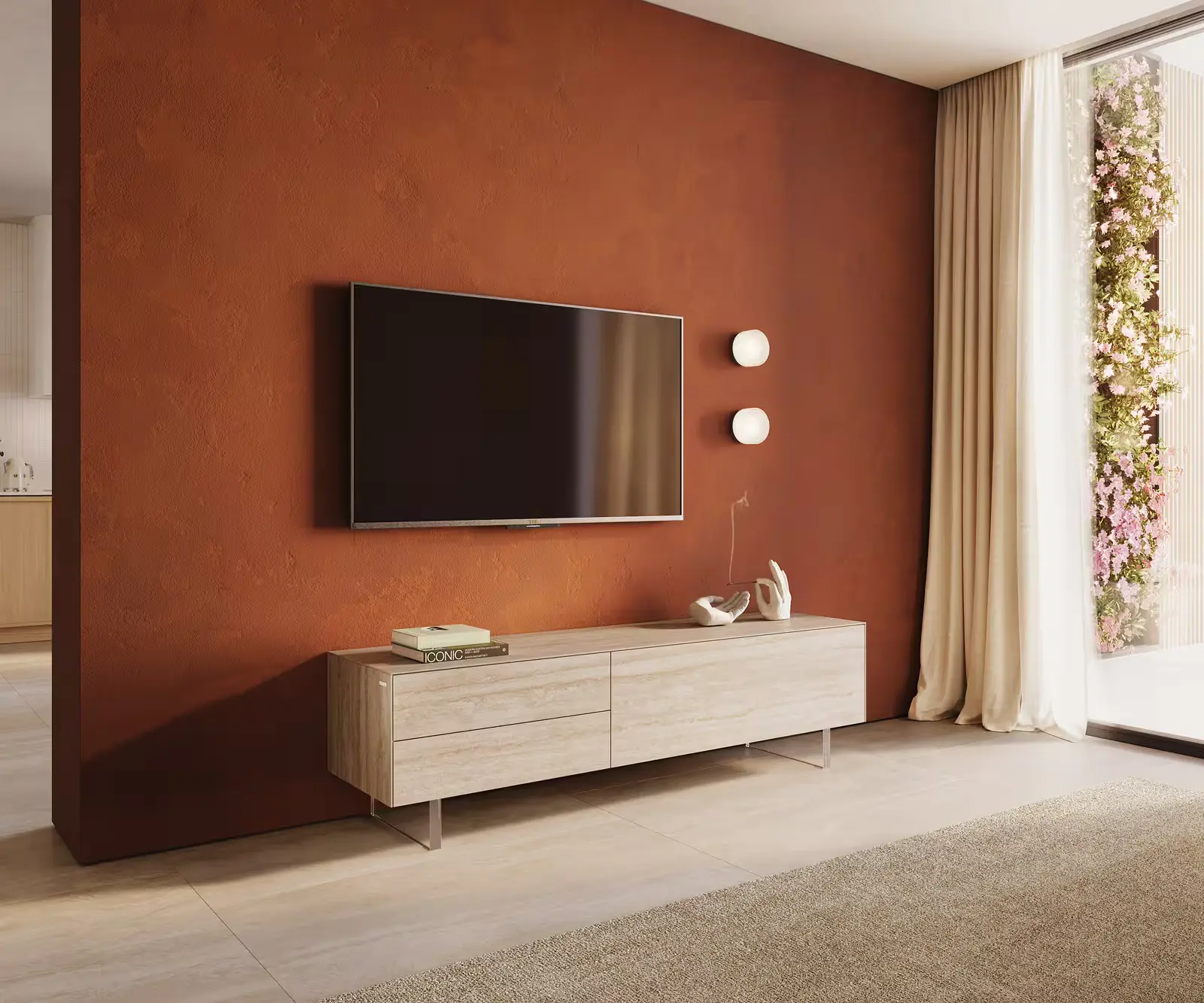DELIFE TV stolek Cuor 180 cm keramika Laminam® Travertino Bianco krémově bílá 1 výklopná dvířka 2 zásuvky podnož závěsná akrylglas