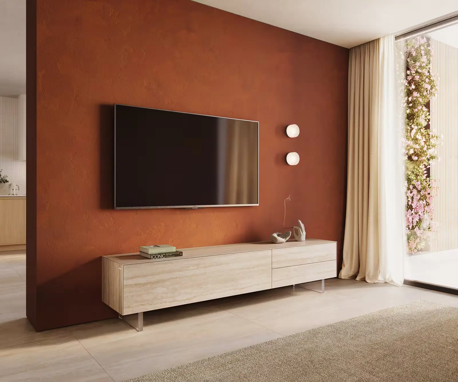 DELIFE TV stolek Cuor 220 cm keramika Laminam® Travertino Bianco krémově bílá 1 výklopná dvířka 2 zásuvky podnož závěsná akrylglas