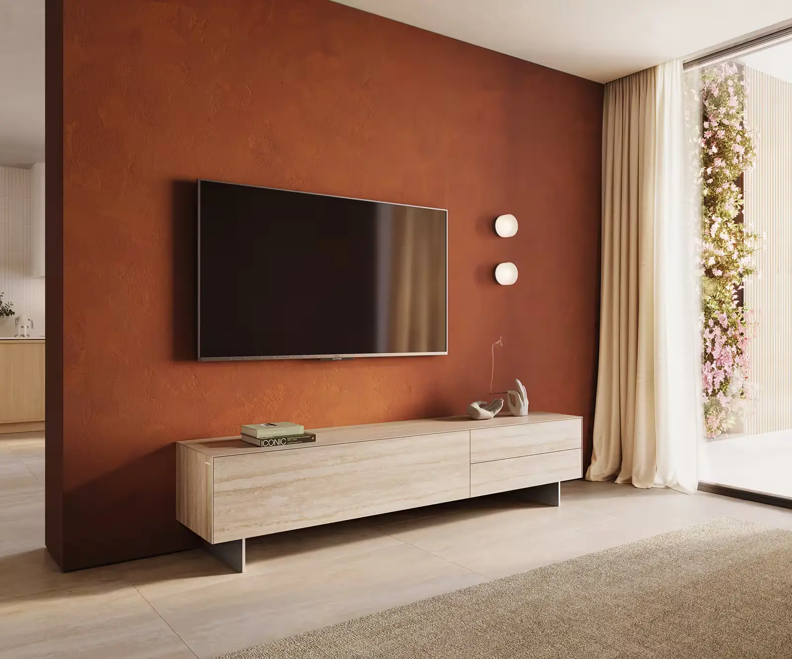 DELIFE TV stolek Cuor 220 cm keramika Laminam® Travertino Bianco krémově bílá 1 výklopná dvířka 2 zásuvky podnož závěsná nerezová ocel