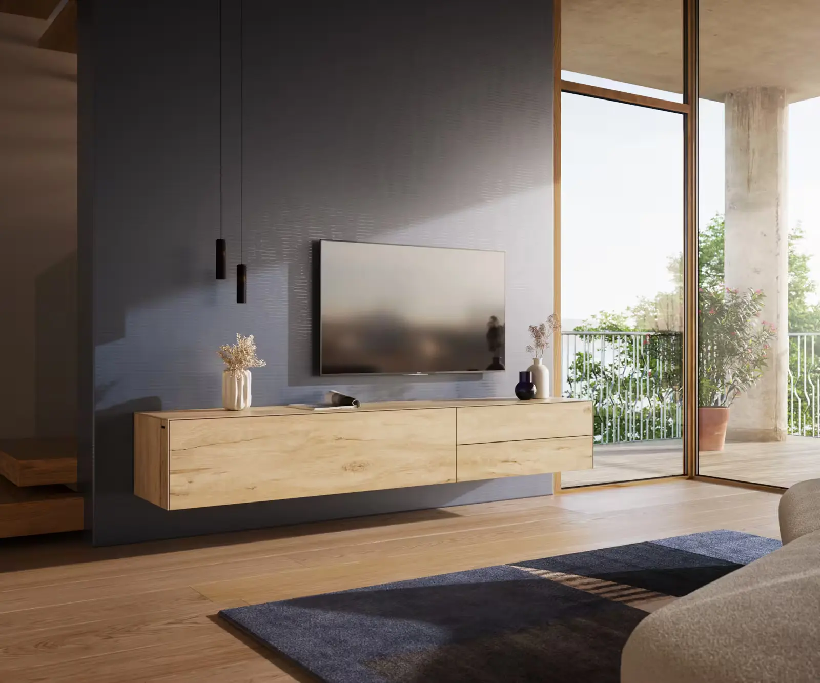 DELIFE TV stolek Cuor 220 cm keramika Laminam® Sabbia dubová 1 výklopná dvířka 2 zásuvky závěsný