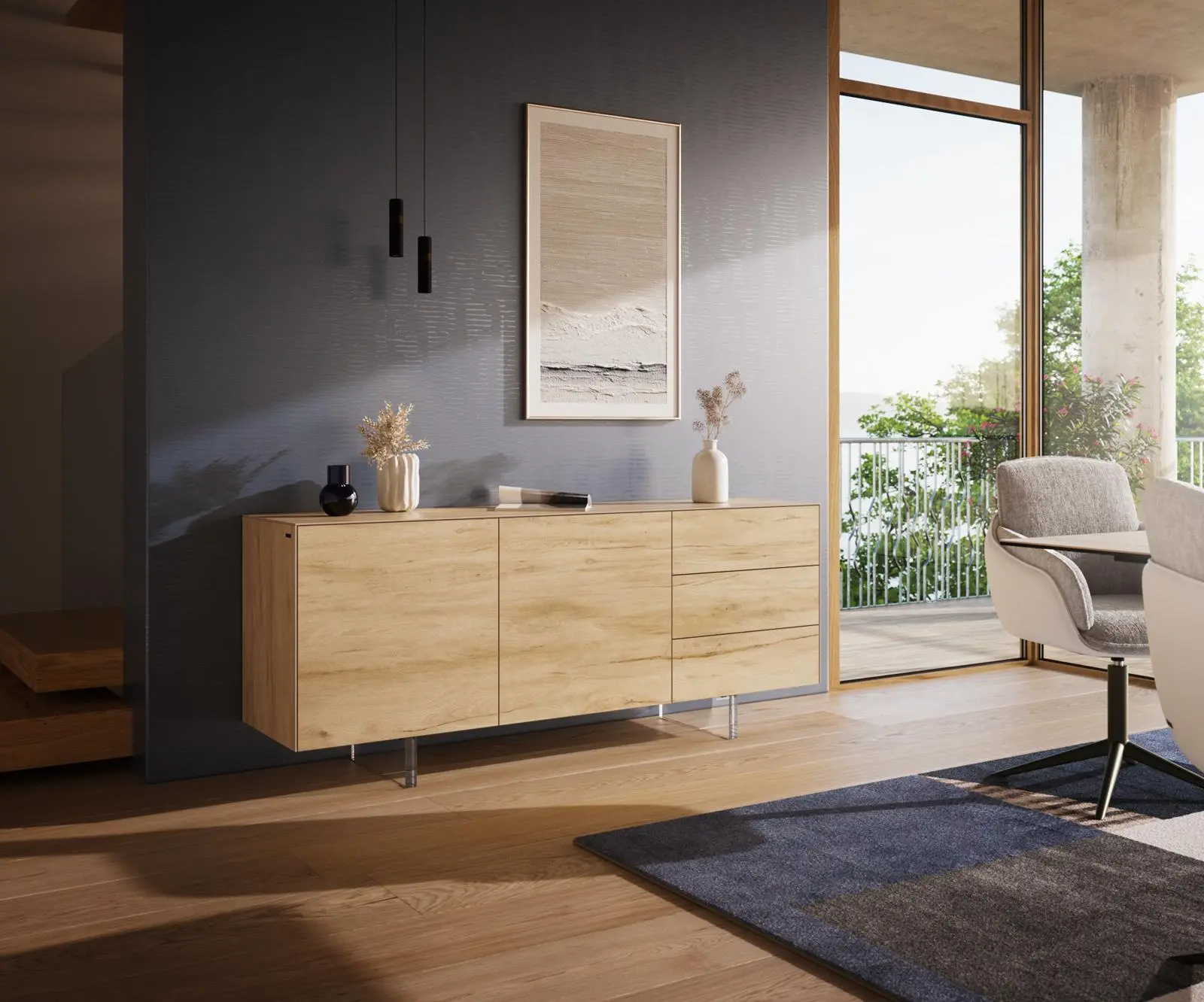 DELIFE Komoda Cuor 180 cm keramika Laminam® Sabbia dubová 2 dvířka 3 zásuvky podnož závěsná akrylglas