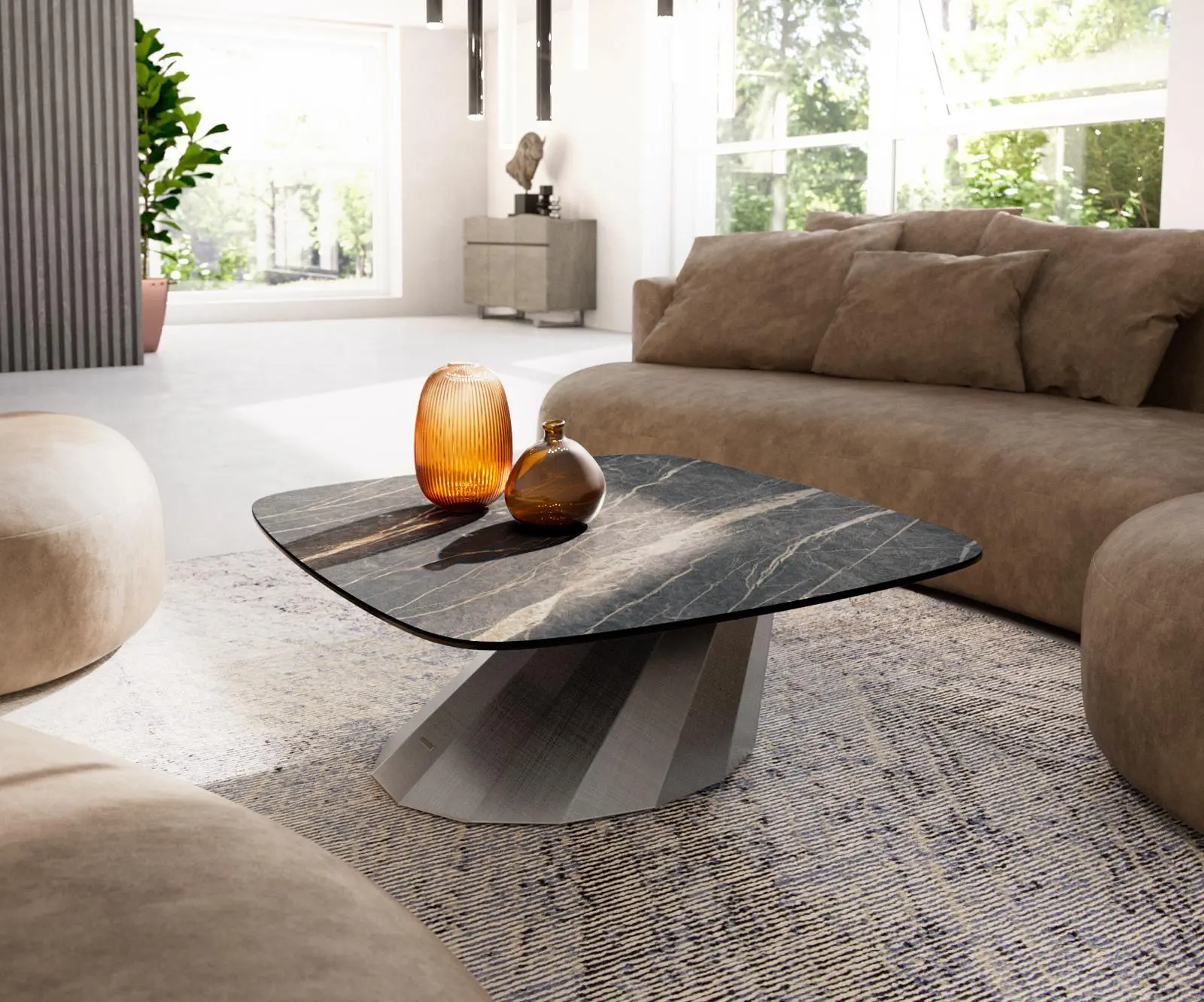 DELIFE Konferenční stolek Edge Boot 90x90 cm keramika Laminam® Noir Desir hnědá Parabi Metallic stříbrná