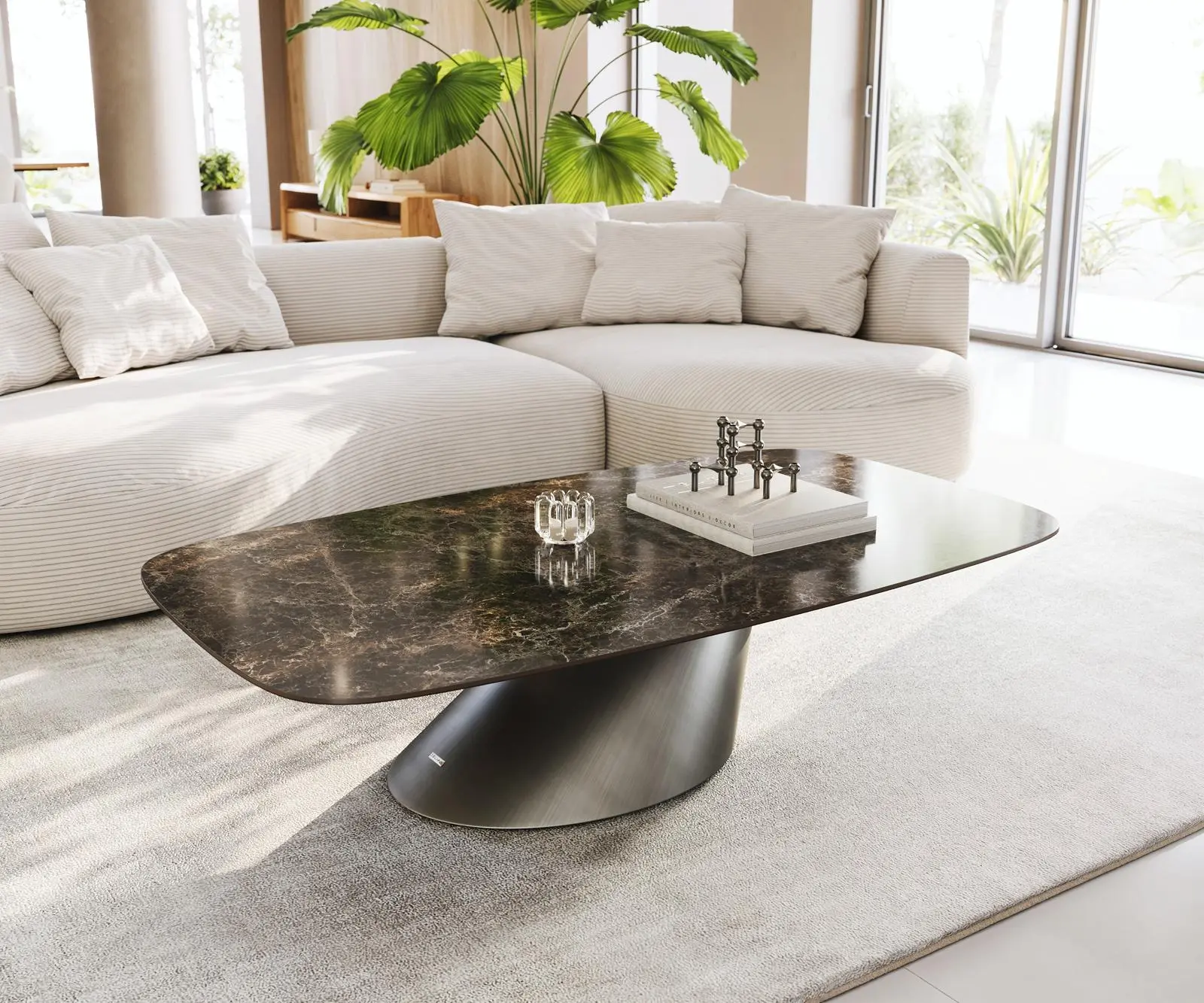 DELIFE Konferenční stolek Edge Boot 140x80 cm keramika Laminam® Emperador Extra Lucidato tmavě hnědá Conis Metallic stříbrná