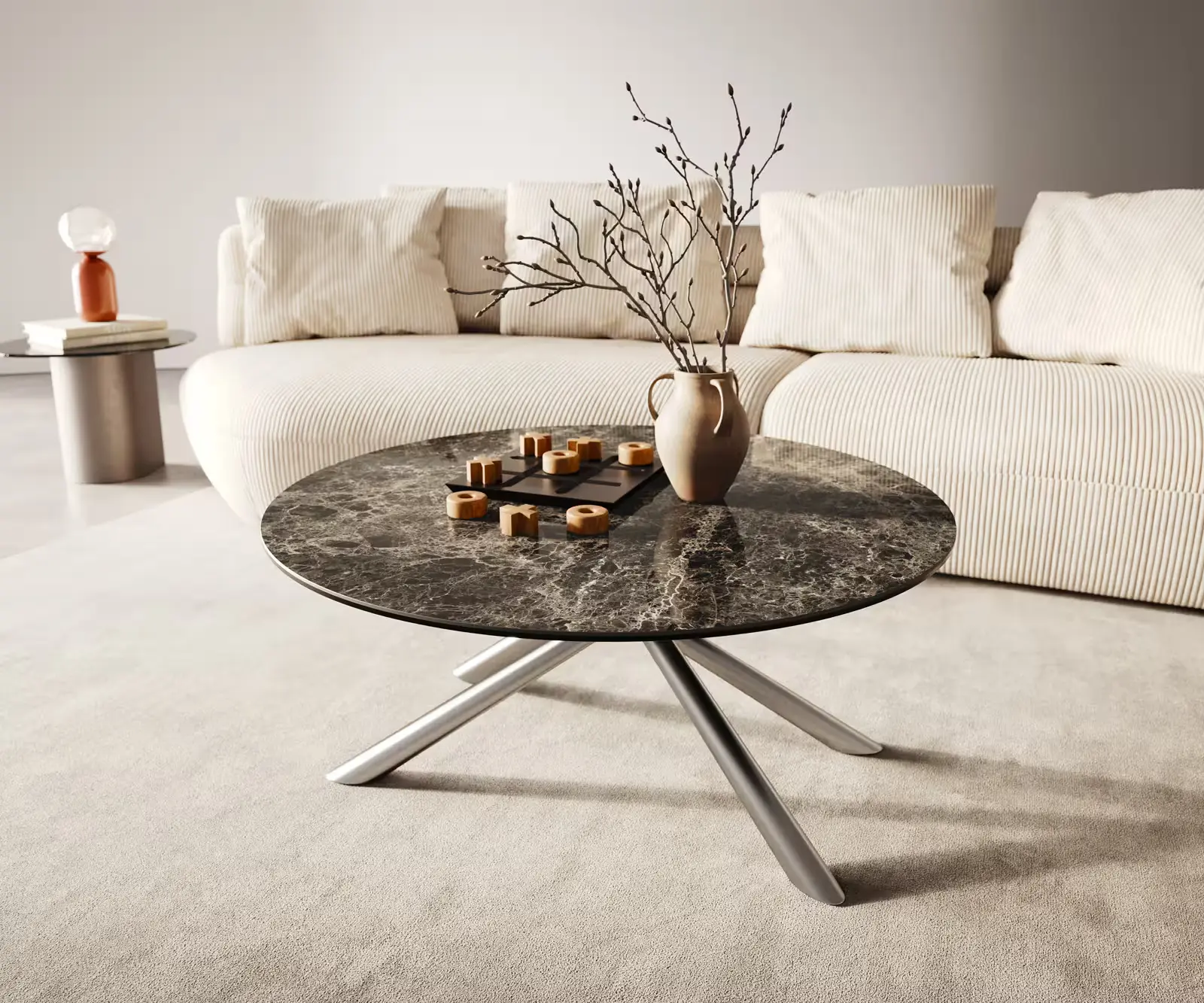 DELIFE Konferenční stolek Edge kulatý 90x90 cm keramika Laminam® Emperador Extra Lucidato tmavě hnědá Sarity nerezová ocel broušená
