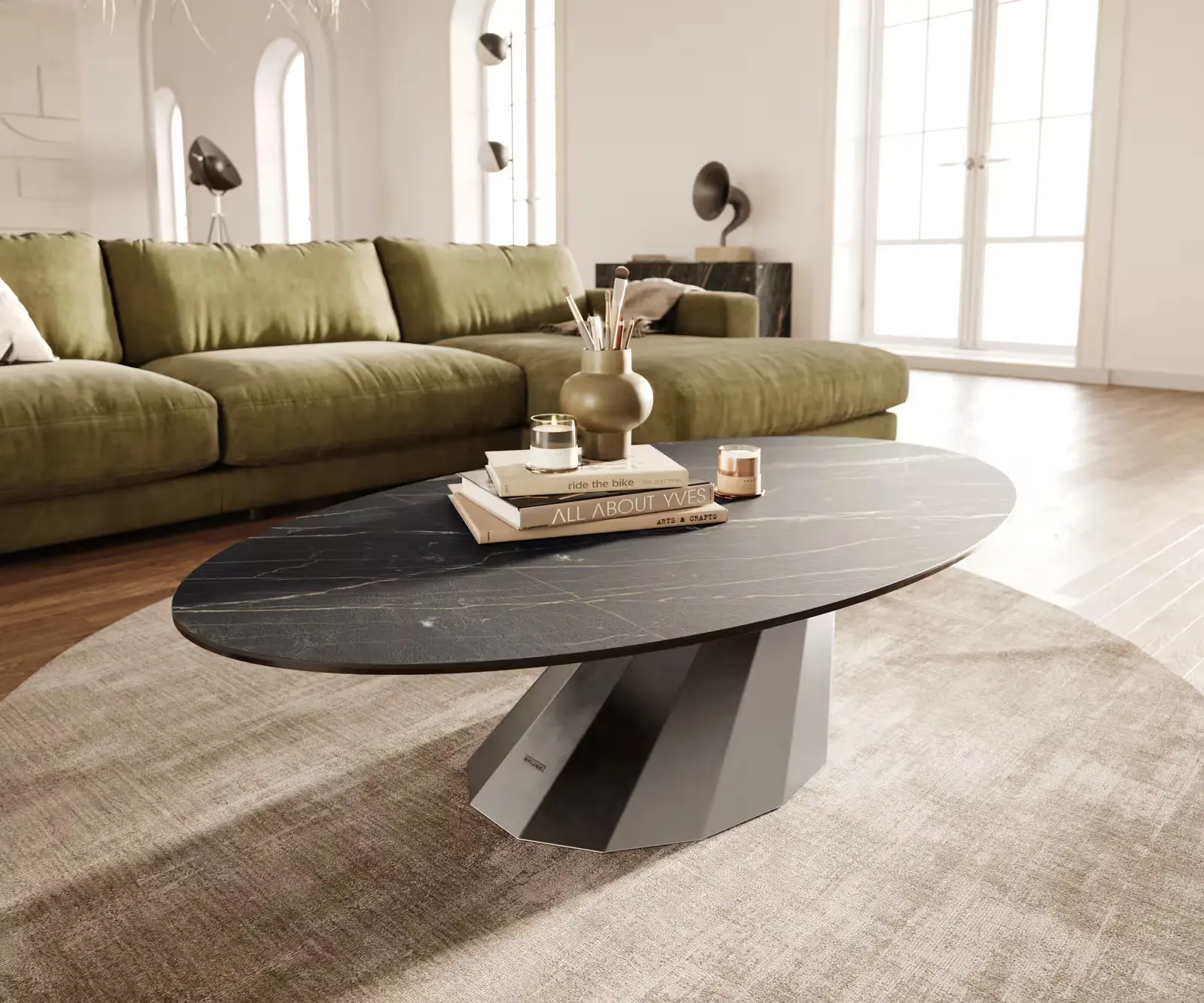 DELIFE Konferenční stolek Edge oválný 140x80 cm keramika Laminam® Noir Desir hnědá Parabi nerezová ocel broušená