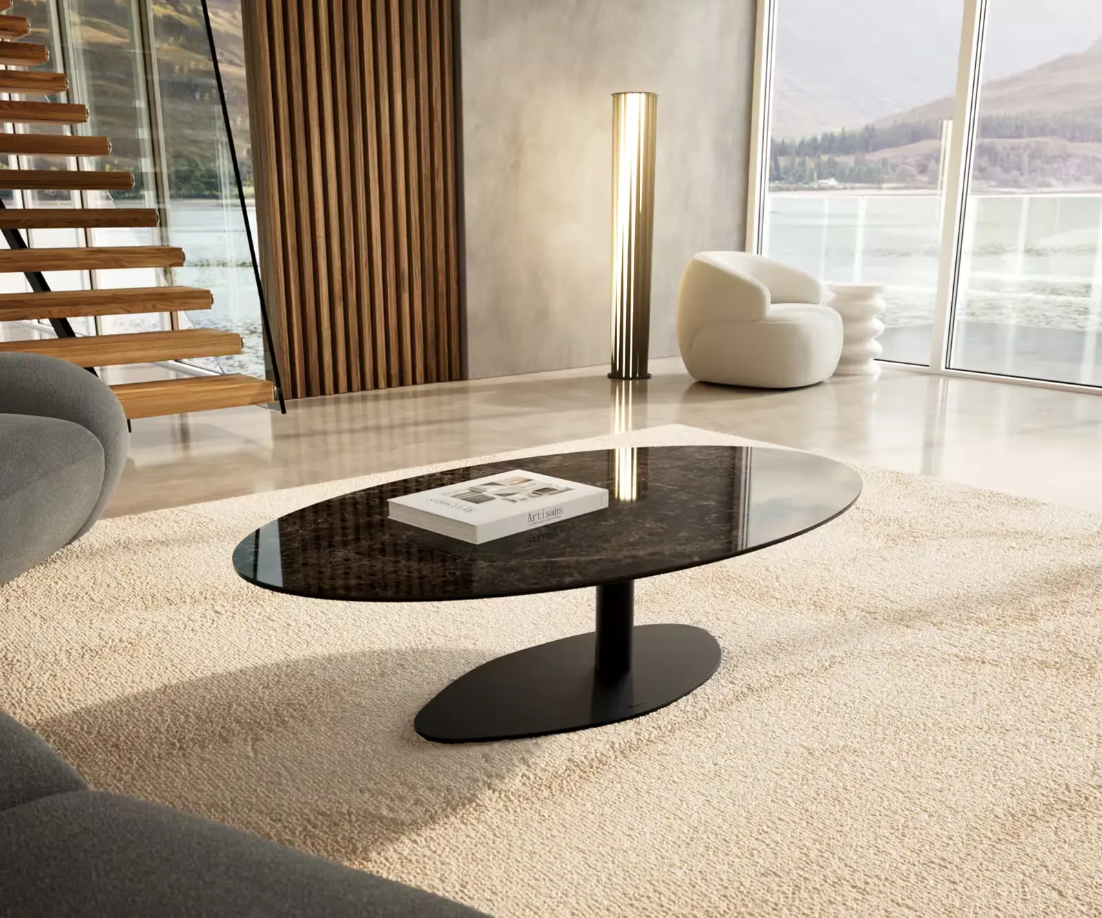 DELIFE Konferenční stolek Edge oválný 140x80 cm keramika Laminam® Emperador Extra Lucidato tmavě hnědá Vibany kov černá