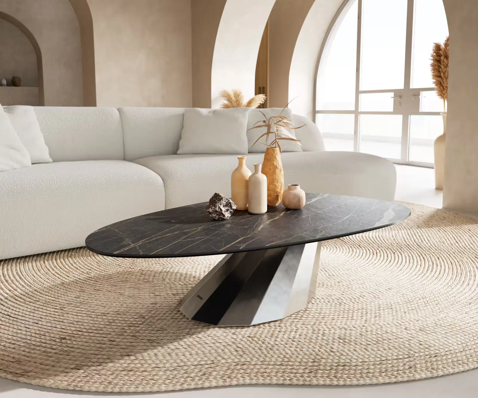 DELIFE Konferenční stolek Edge oválný 140x75 cm keramika Laminam® Noir Desir hnědá Parabi nerezová ocel broušená
