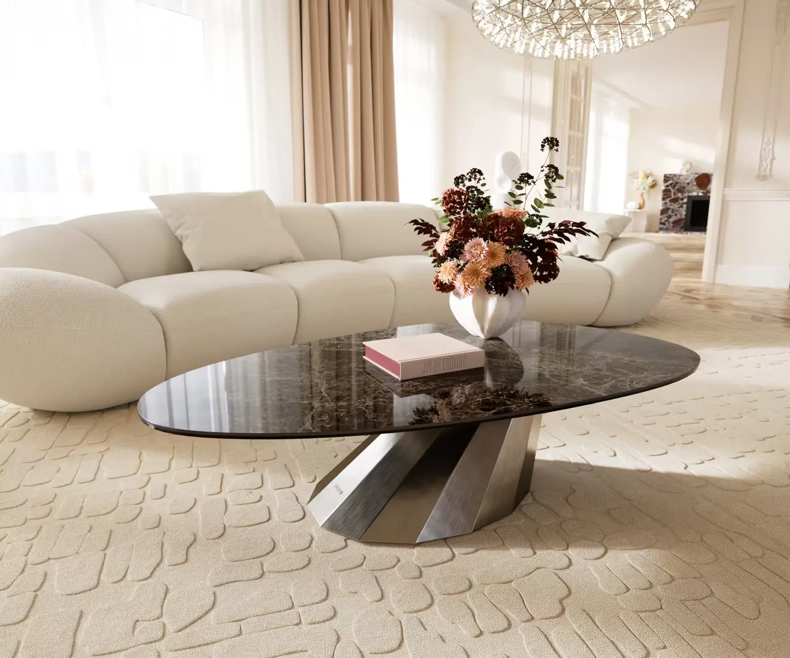 DELIFE Konferenční stolek Edge oválný 140x75 cm keramika Laminam® Emperador Extra Lucidato tmavě hnědá Parabi nerezová ocel broušená