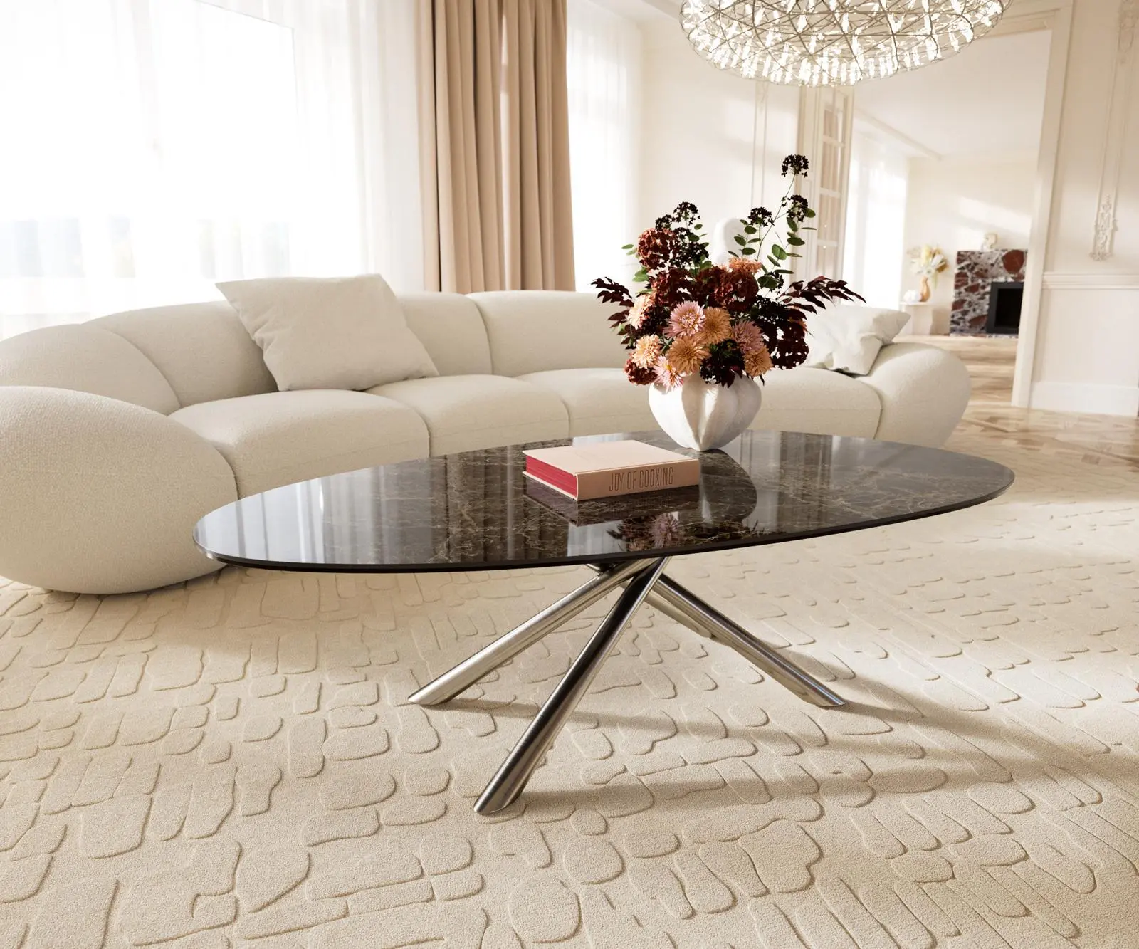 DELIFE Konferenční stolek Edge oválný 140x75 cm keramika Laminam® Emperador Extra Lucidato tmavě hnědá Sarity nerezová ocel broušená