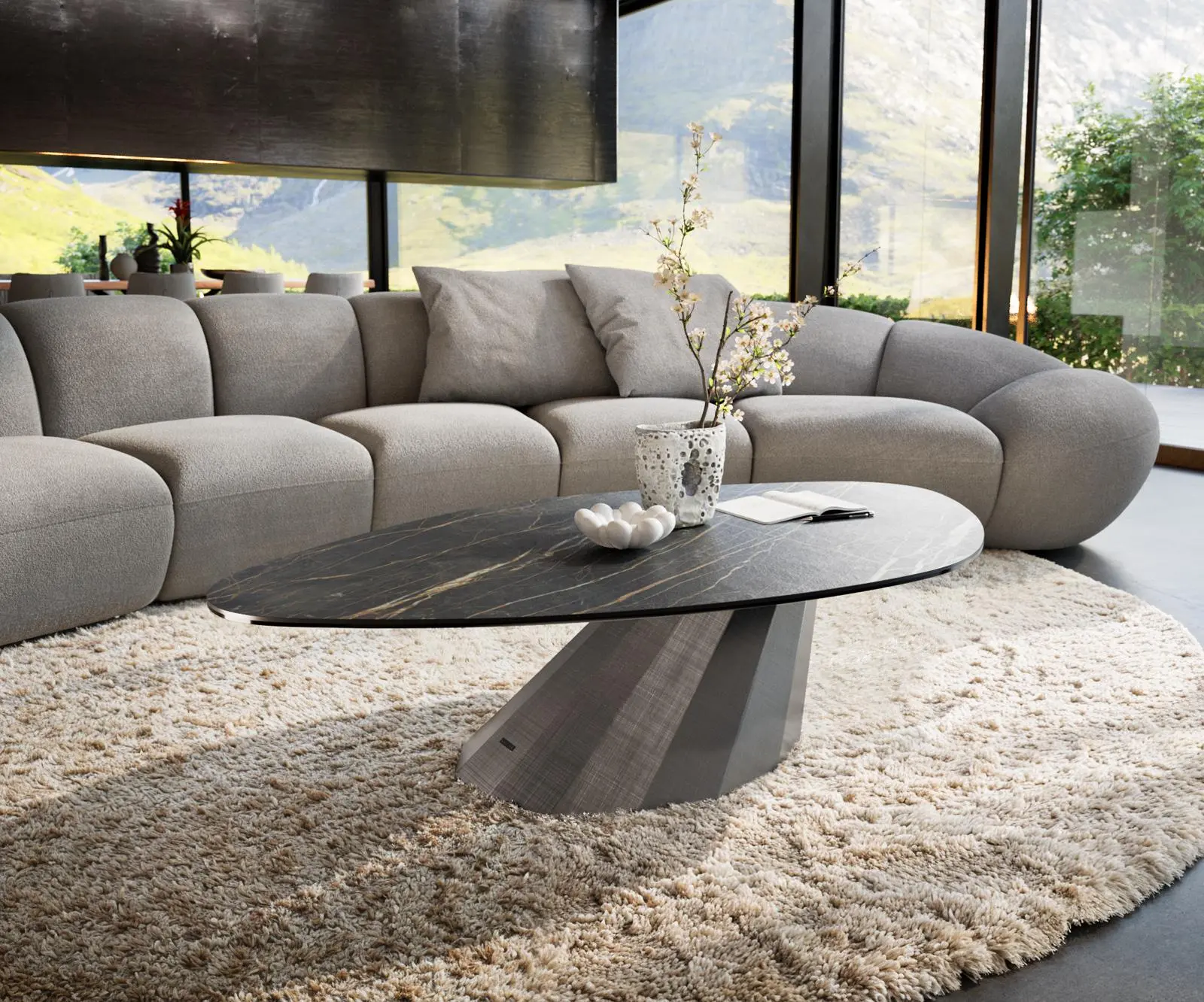 DELIFE Konferenční stolek Edge organický 140x76 cm keramika Laminam® Noir Desir hnědá Parabi metalická stříbrná