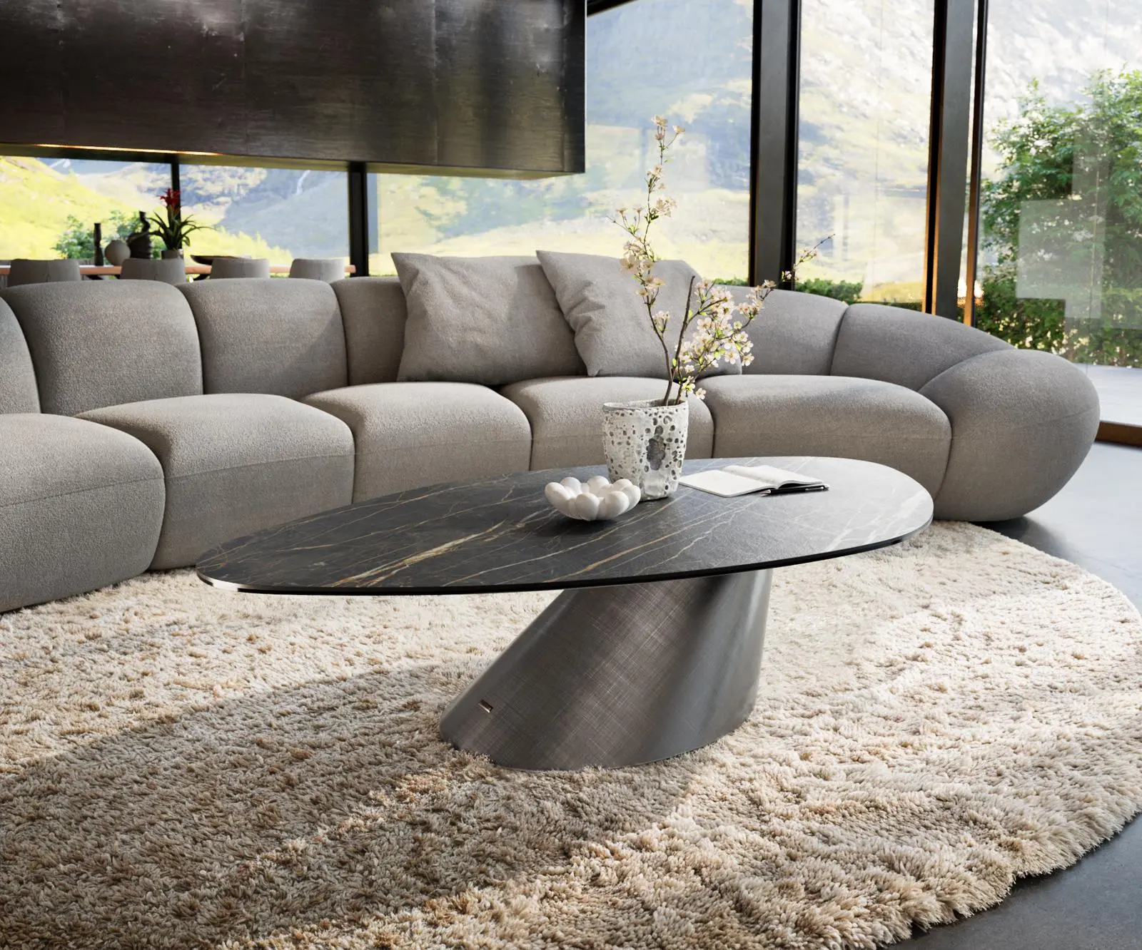 DELIFE Konferenční stolek Edge organický 140x76 cm keramika Laminam® Noir Desir hnědá Conis metalická stříbrná