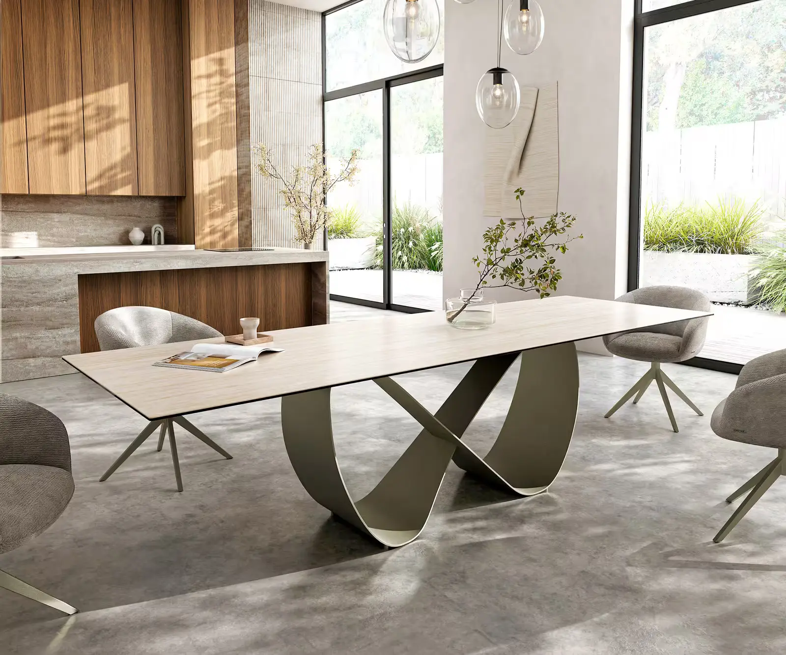 DELIFE Jídelní stůl Edge 300x100 keramika Laminam® Travertino Bianco krémově bílá Infinity kov titanová barva