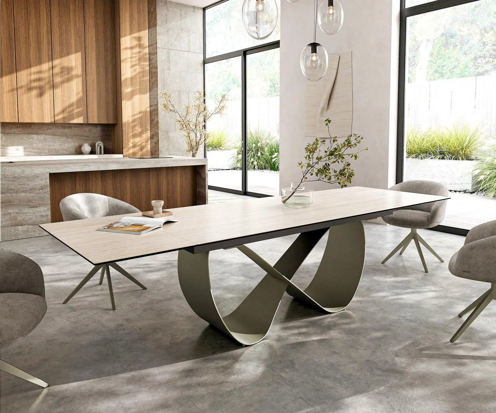 DELIFE Jídelní stůl Edge 200-300x100 keramika Laminam® Travertino Bianco krémově bílá Infinity kov titanová barva rozkládací