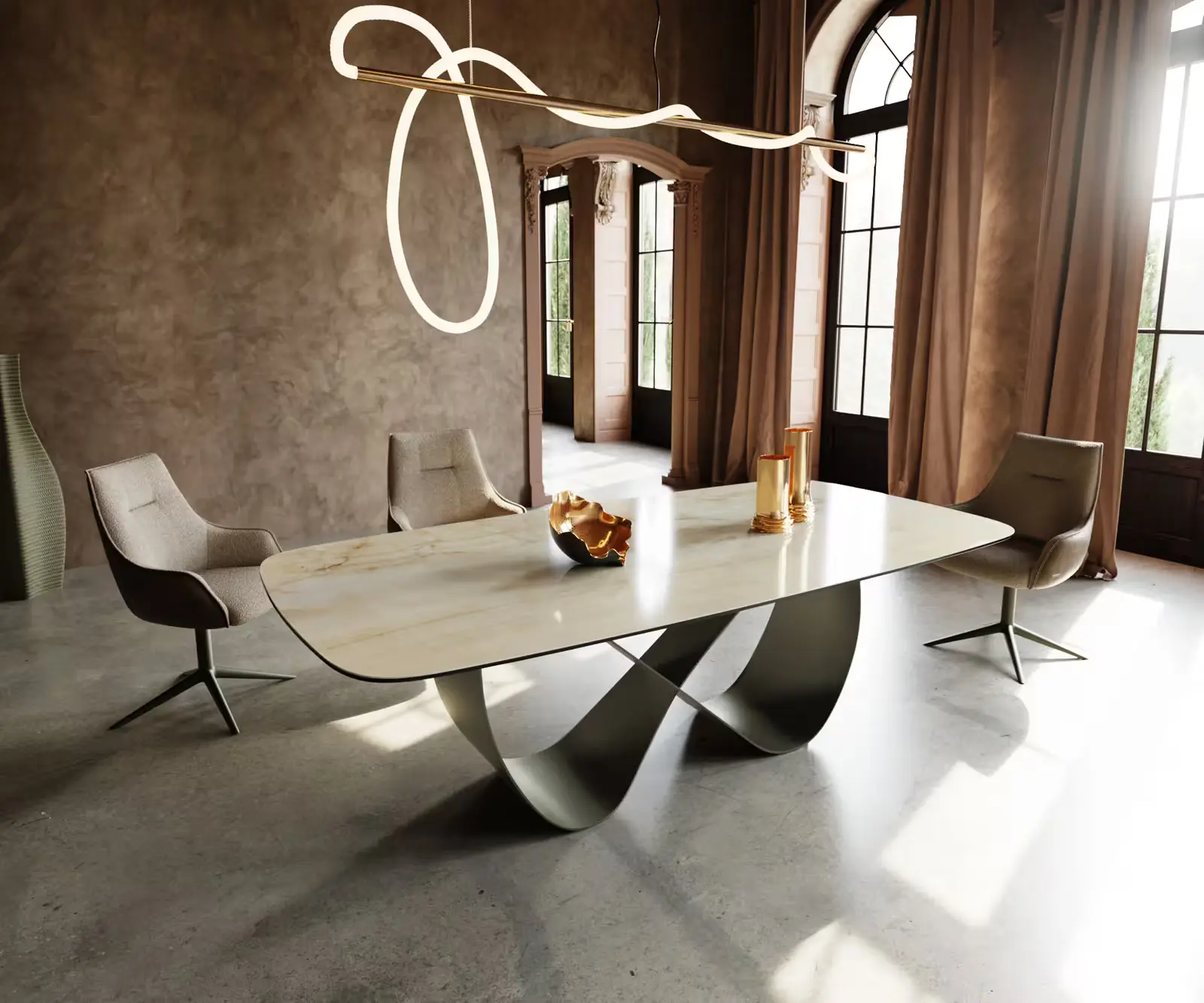 DELIFE Jídelní stůl Edge Boot 240x120 cm keramika Iris FMG Onice Oro Infinity kov titanová barva