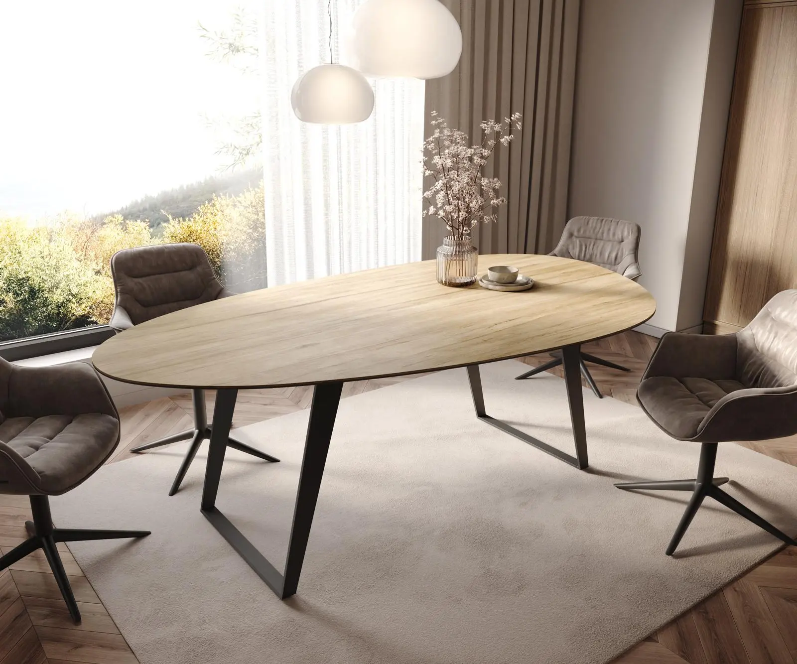 DELIFE Jídelní stůl Edge oválný 220x120 cm keramika Laminam® sabbia dubová barva kov šikmý černý