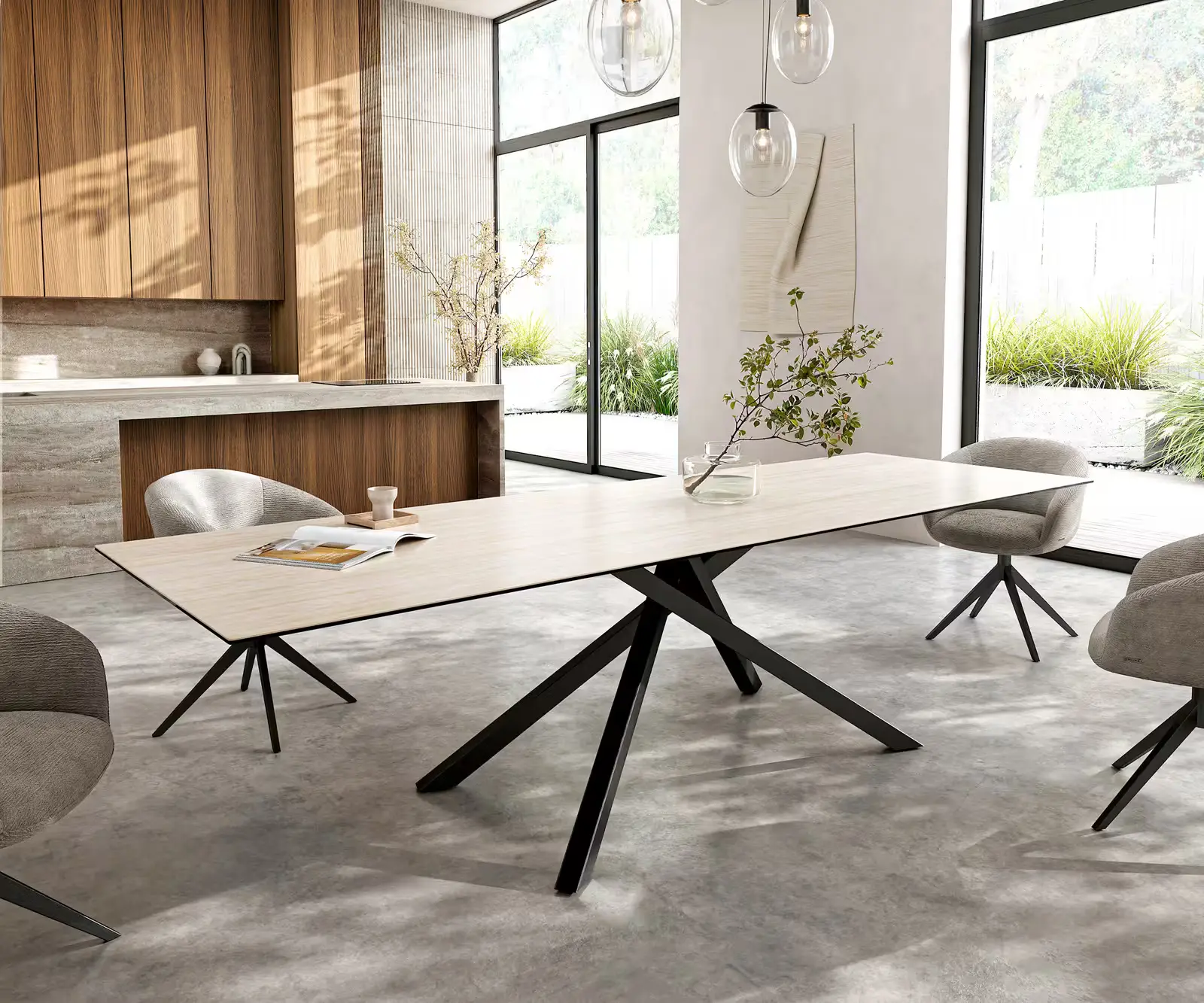 DELIFE Jídelní stůl Edge 300x100 cm keramika Laminam®Travertino Bianco krémová bílá křížová podnož černá