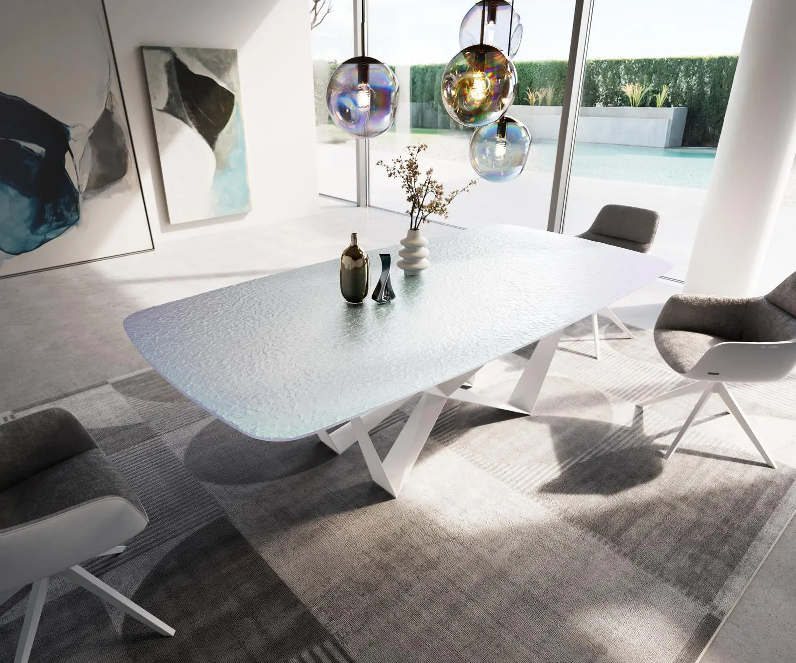 DELIFE Jídelní stůl Edge Boot 240x120 cm reliéfní sklo perleť 3D design Spider kov bílá