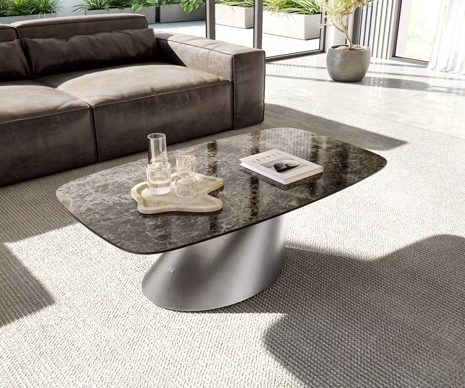 DELIFE Konferenční stolek Edge Boot 120x70 cm keramika Laminam® Emperador Extra Lucidato tmavě hnědá kuželová nerezová ocel broušená