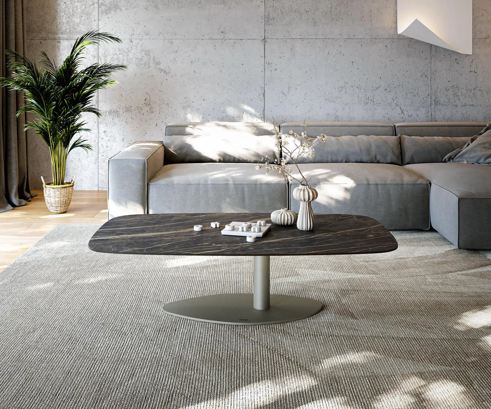 DELIFE Konferenční stolek Edge Boot 140x80 cm keramika Laminam® Noir Desir hnědá Vibany kov titanová barva