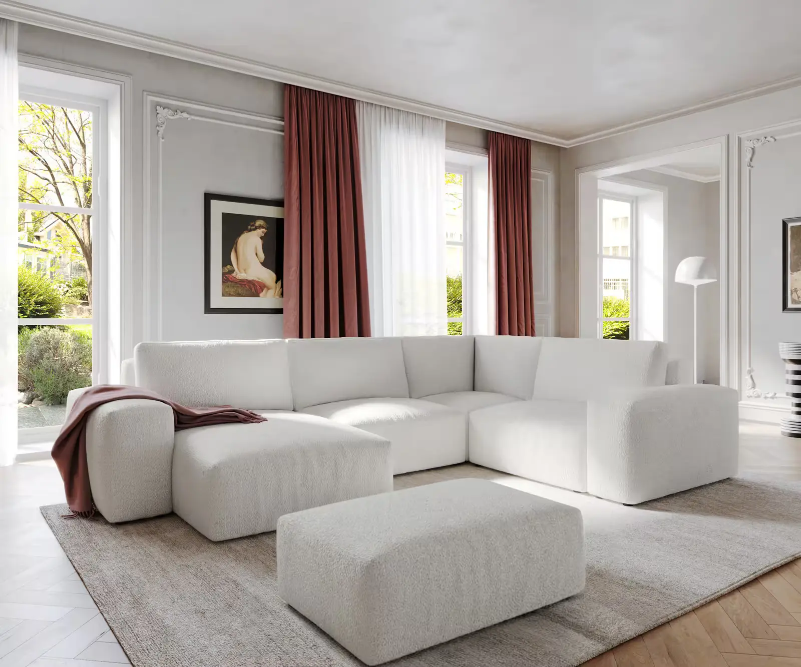 DELIFE Pohovka ve tvaru "U" Lanzo 300x210 cm bouclé krémová bílá lenoška variabilní s taburetem