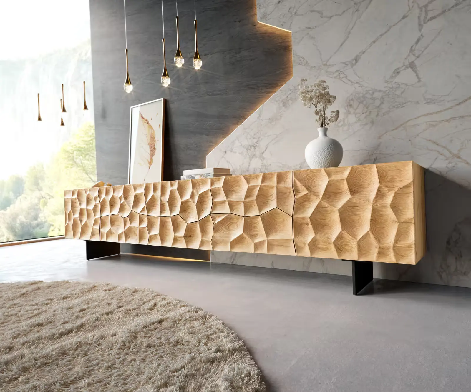 DELIFE TV stolek Solu 260 cm dub přírodní 2 dvířka 6 zásuvek závěsná kovová podnož černá 3D přední panel