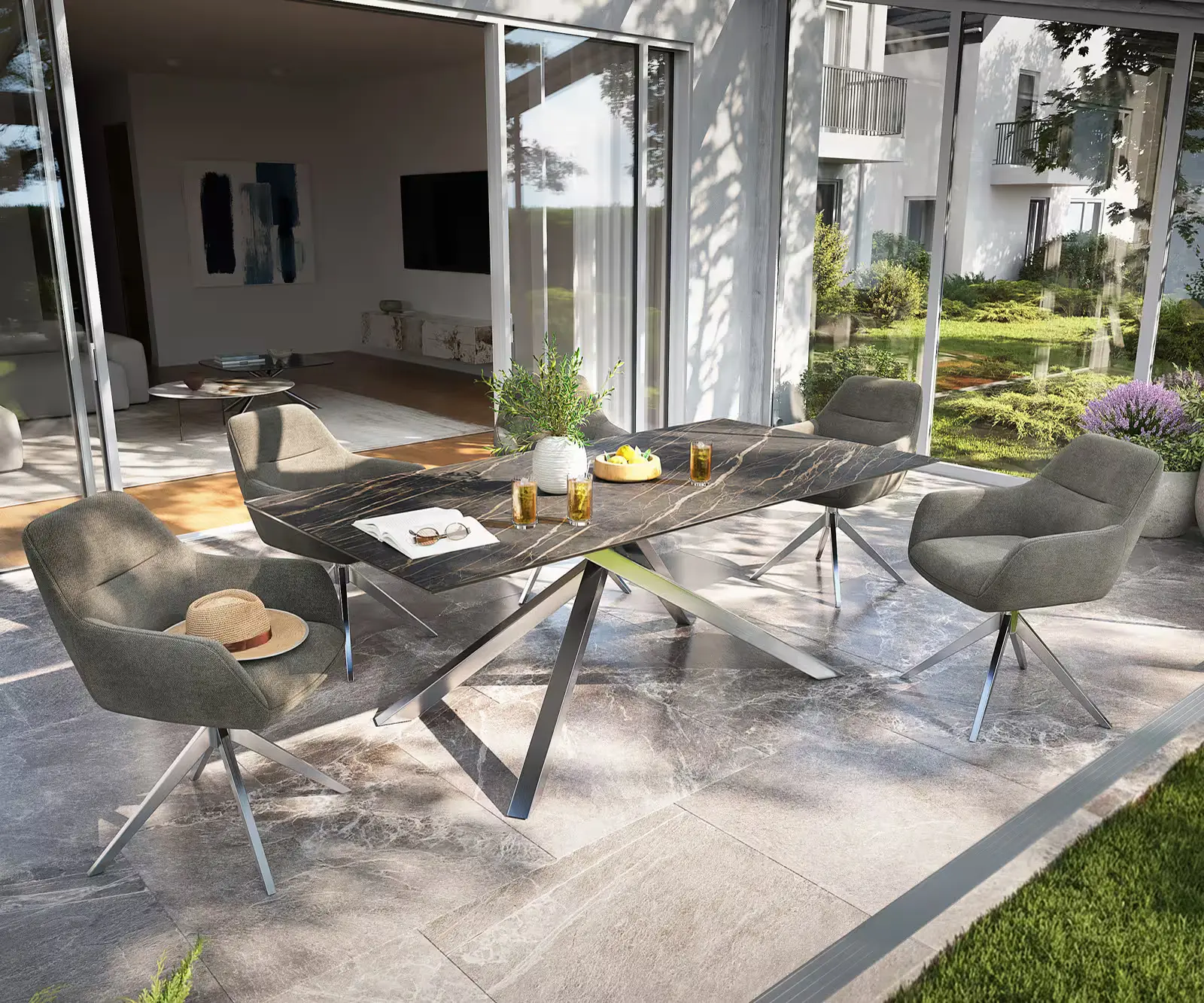 DELIFE Jídelní stůl Edge 200x100 cm keramika Laminam® Noir Desir hnědá křížová podnož obdélník černá