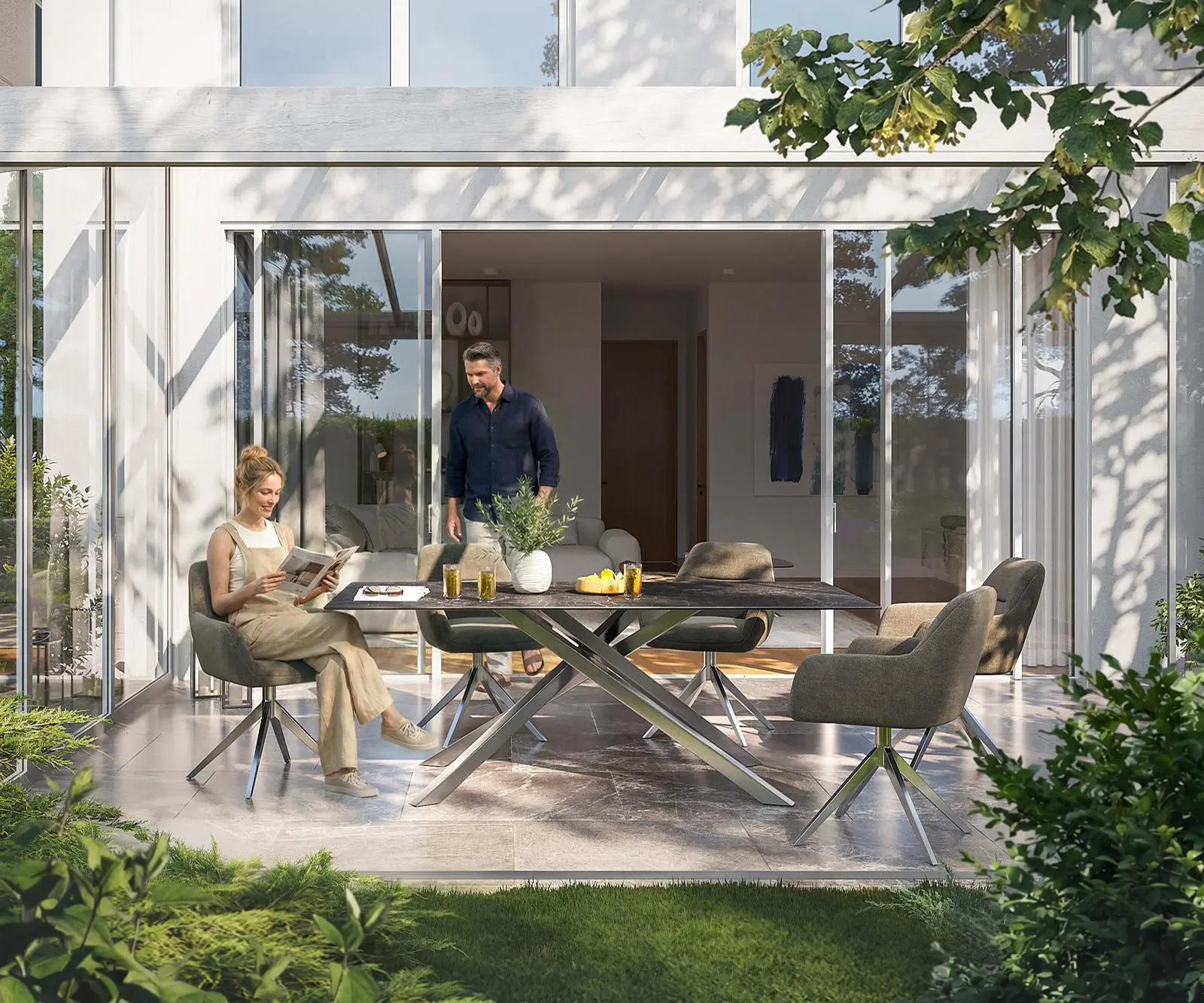 DELIFE Jídelní stůl Edge 200x100 cm keramika Laminam® Nero Greco antracitová křížová podnož nerezová ocel