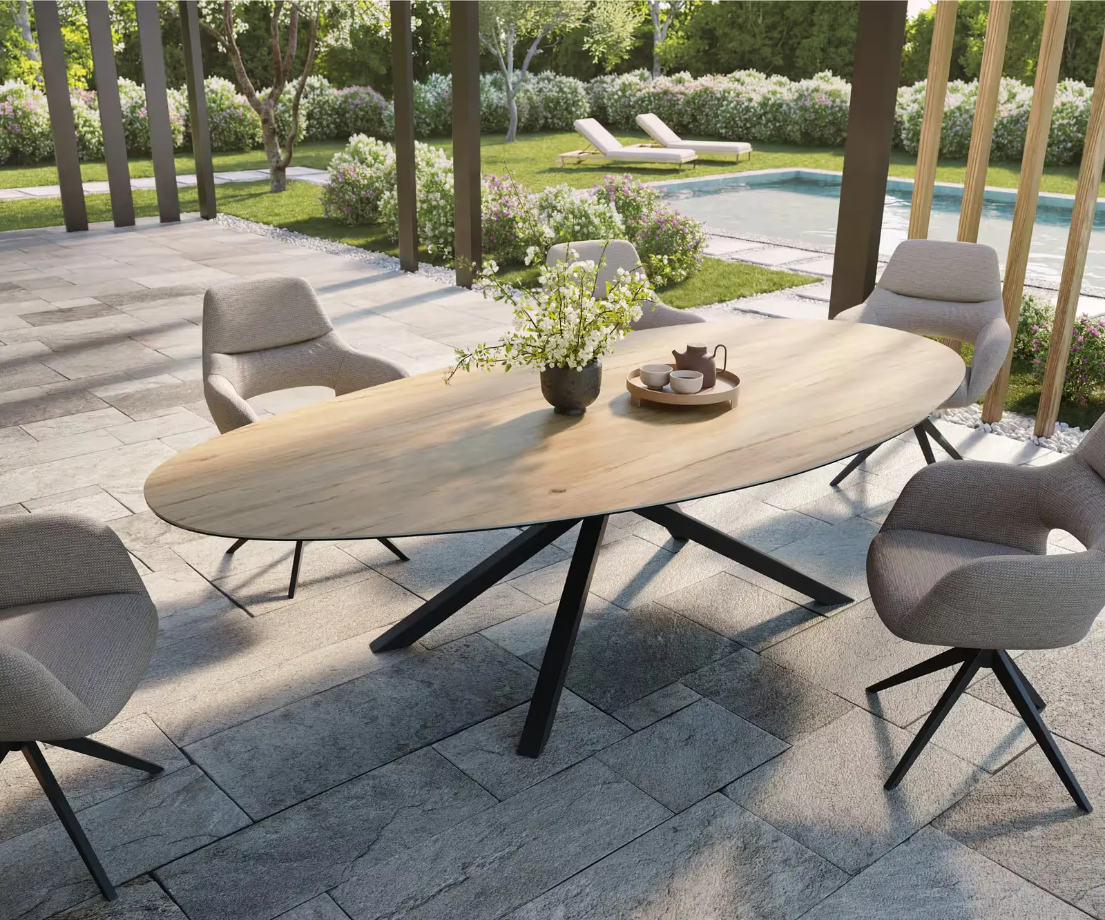 DELIFE Jídelní stůl Edge oválný 280x130 cm keramika Laminam® Sabbia dubová křížová podnož černá