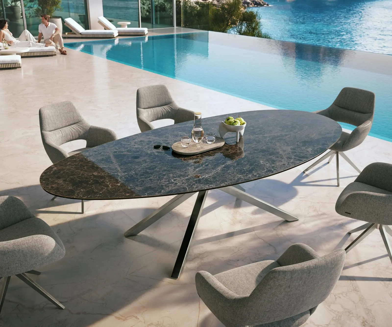 DELIFE Jídelní stůl Edge oválný 280x130 cm keramika Laminam® Emperador Extra Lucidato tmavě hnědá křížová podnož nerezová ocel