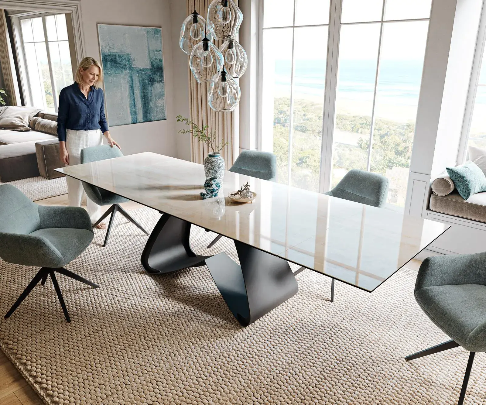 DELIFE Jídelní stůl Edge 200-300×100 cm keramika onyx champagne W-podnož kov černá rozkládací